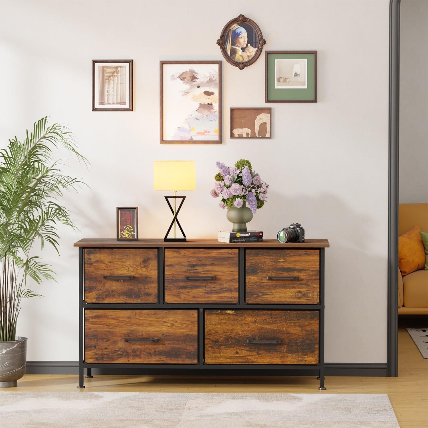 image:imageFDW 8Drawer Fabric Dresser for BedroomCloset Dresser with Metal Frame and Wooden Top Tall Storage Tower for ClosetLiving Room and EntrywayGreyBrown