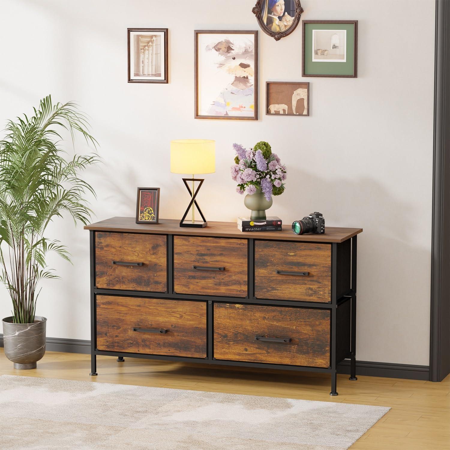 image:imageFDW 8Drawer Fabric Dresser for BedroomCloset Dresser with Metal Frame and Wooden Top Tall Storage Tower for ClosetLiving Room and EntrywayGreyBrown