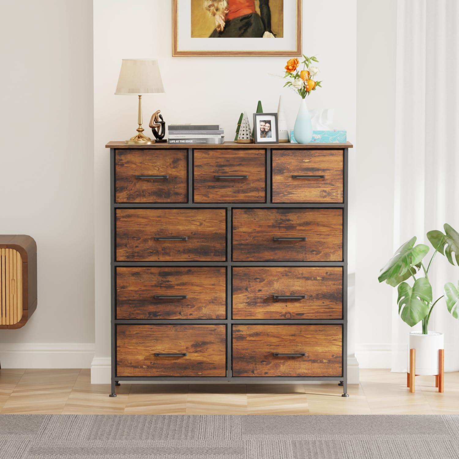 image:imageFDW 8Drawer Fabric Dresser for BedroomCloset Dresser with Metal Frame and Wooden Top Tall Storage Tower for ClosetLiving Room and EntrywayGreyBrown