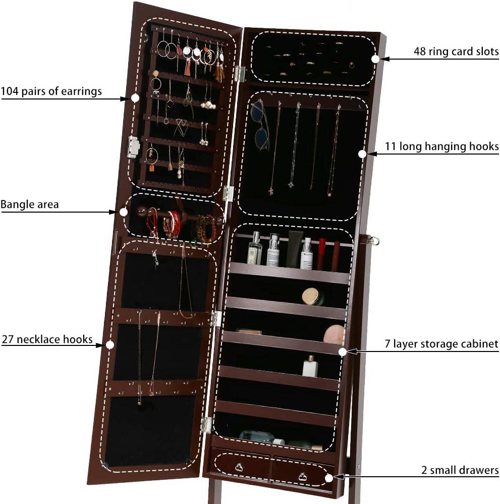 image:imageFDW Jewelry Cabinet 61 H WallDoor Mounted Lockable Jewelry Armoire With 2 Drawers 6 Shelves 433106 Mirror High Capacity Jewelry Organizer BrownBrown