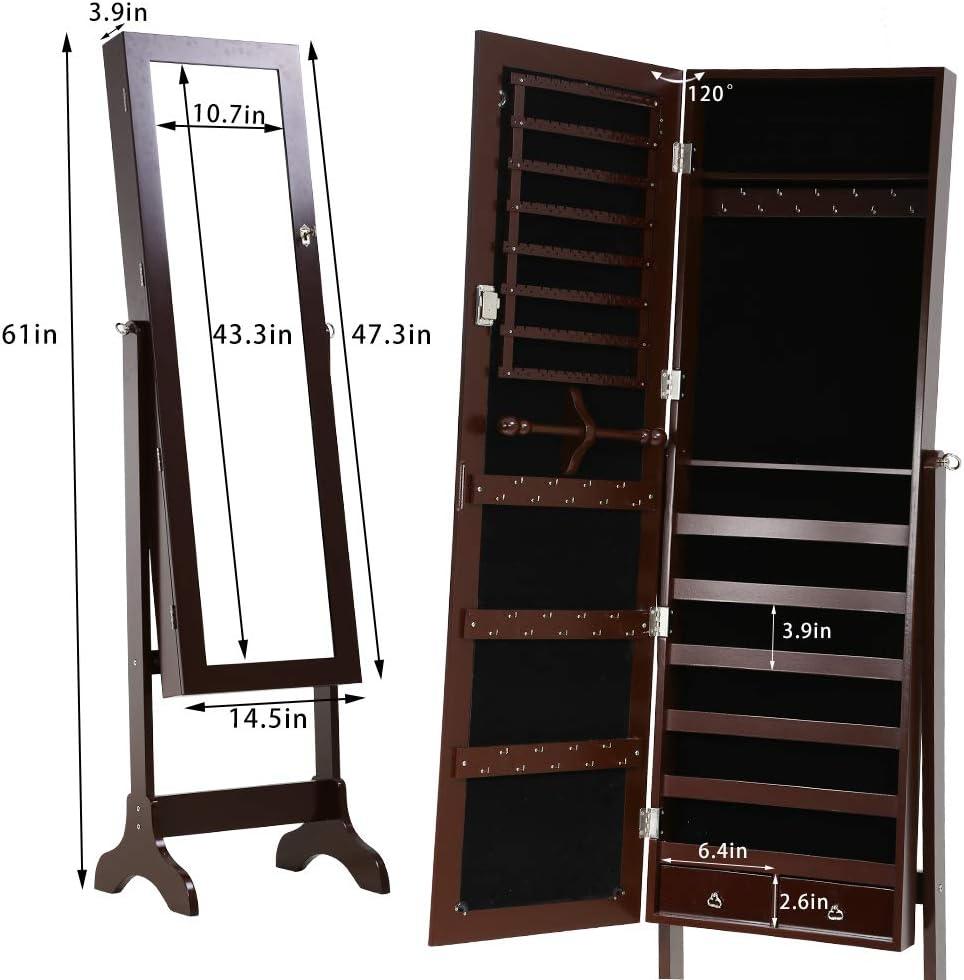 image:imageFDW Jewelry Cabinet 61 H WallDoor Mounted Lockable Jewelry Armoire With 2 Drawers 6 Shelves 433106 Mirror High Capacity Jewelry Organizer BrownBrown