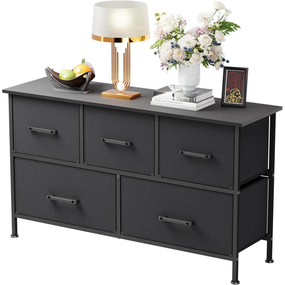 image:imageFDW 8Drawer Fabric Dresser for BedroomCloset Dresser with Metal Frame and Wooden Top Tall Storage Tower for ClosetLiving Room and EntrywayGreyBlack