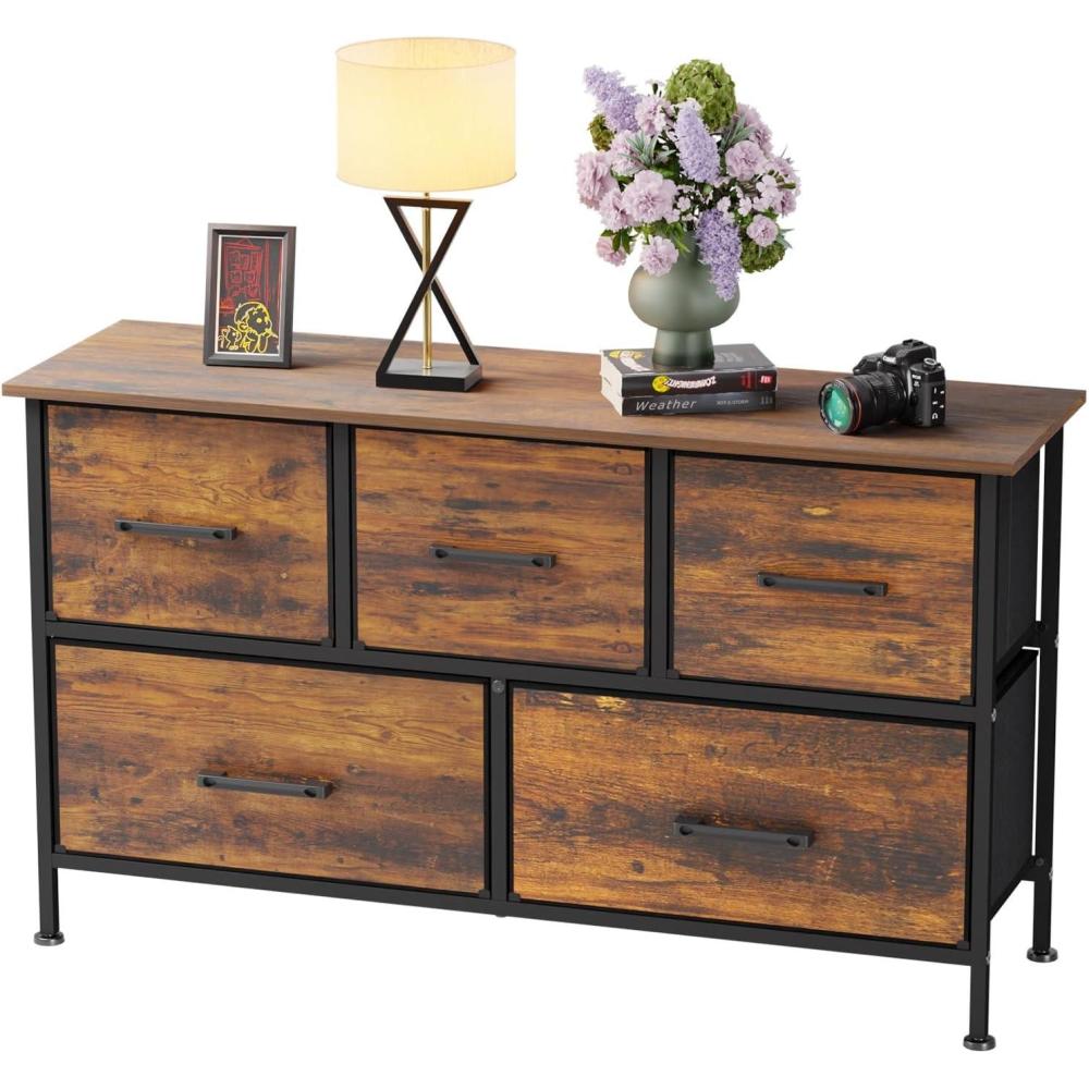 image:imageFDW 8Drawer Fabric Dresser for BedroomCloset Dresser with Metal Frame and Wooden Top Tall Storage Tower for ClosetLiving Room and EntrywayGreyBrown