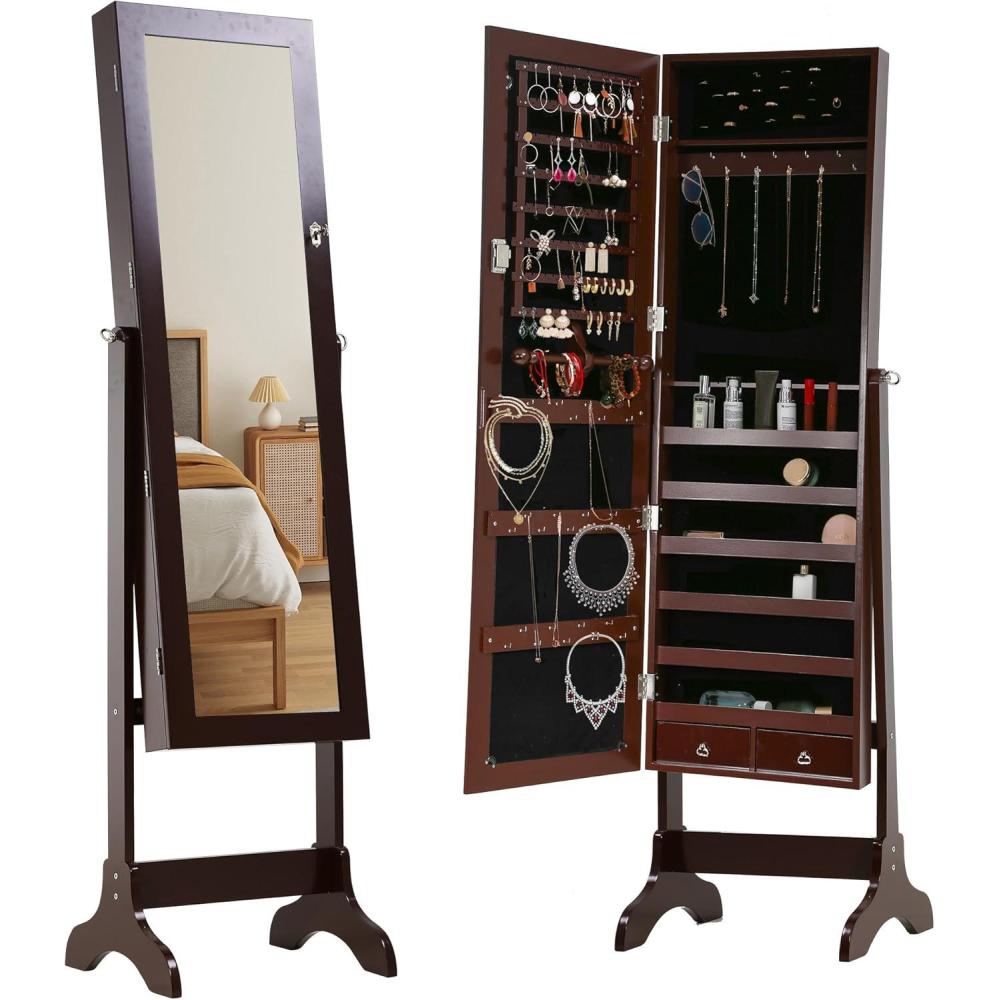 image:imageFDW Jewelry Cabinet 61 H WallDoor Mounted Lockable Jewelry Armoire With 2 Drawers 6 Shelves 433106 Mirror High Capacity Jewelry Organizer BrownBrown