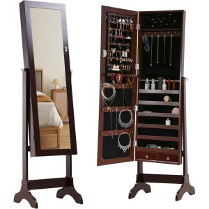 FDW Jewelry Cabinet 61″ H Wall/Door Mounted Lockable Jewelry Armoire With 2 Drawers 6 Shelves 43.3″×10.6″ Mirror High Capacity Jewelry Organizer (Brown)(Brown)