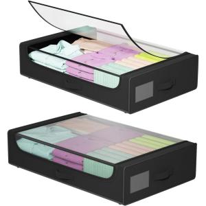 FDW Under Bed Storage Containers 2-Pack Closet Organizers Foldable Storage Bins with Clear Window Storage Containers for Shoes and Books, Black(Black)