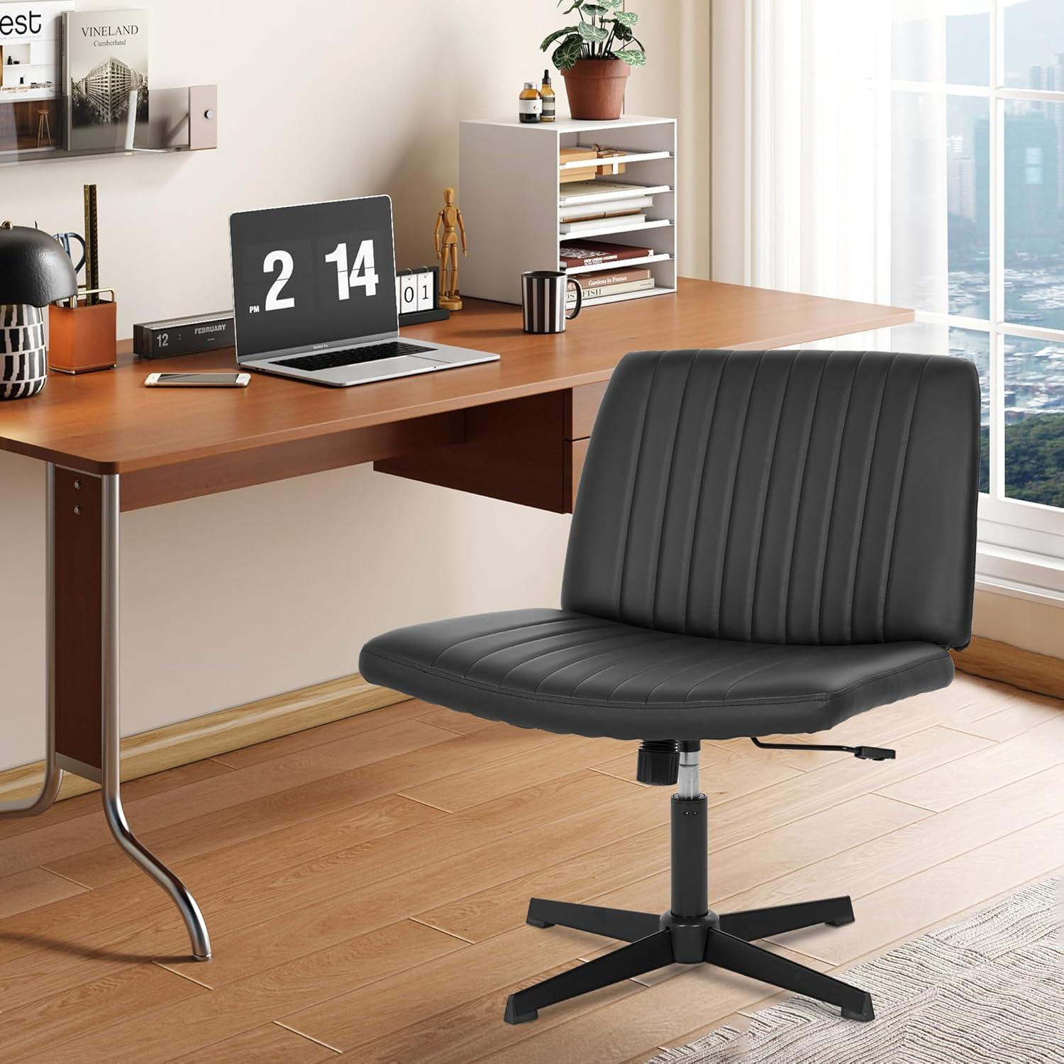 image:imageFDW Criss Cross Chair Armless Cross Legged Office Desk Chair Adjustable Swivel Ergonomic Desk Chair No Wheels U Shaped Backrest with Wide Seat Native Sponge Computer Task Vanity Chair for Home Office