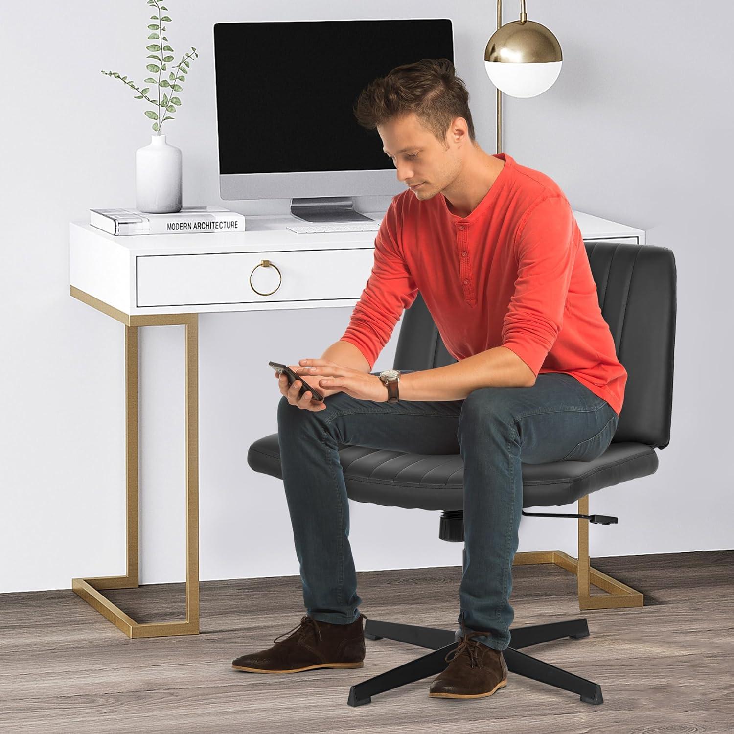 image:imageFDW Criss Cross Chair Armless Cross Legged Office Desk Chair Adjustable Swivel Ergonomic Desk Chair No Wheels U Shaped Backrest with Wide Seat Native Sponge Computer Task Vanity Chair for Home Office