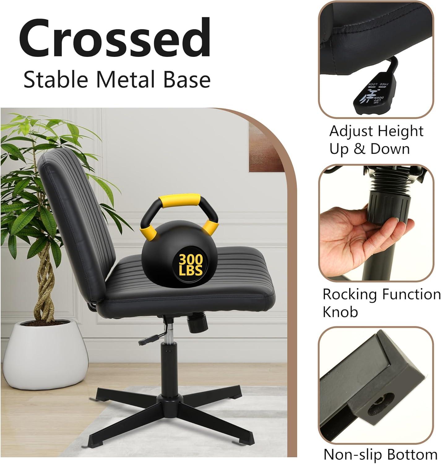 image:imageFDW Criss Cross Chair Armless Cross Legged Office Desk Chair Adjustable Swivel Ergonomic Desk Chair No Wheels U Shaped Backrest with Wide Seat Native Sponge Computer Task Vanity Chair for Home Office