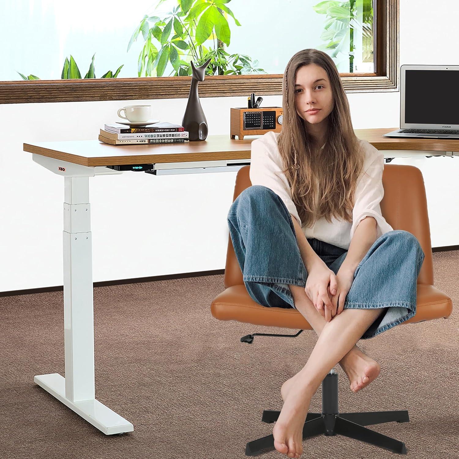 image:imageFDW Criss Cross Chair Armless Cross Legged Office Desk Chair Adjustable Swivel Ergonomic Gaming Chair No Wheels Backrest with Wide Seat Native Sponge Computer Task Vanity Chair for Home OfficeBlueBrown
