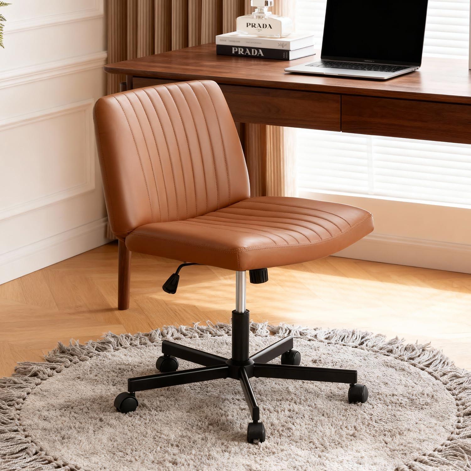 image:imageFDW Criss Cross Chair Armless Cross Legged Office Desk Chair Adjustable Swivel Ergonomic Gaming Chair No Wheels Backrest with Wide Seat Native Sponge Computer Task Vanity Chair for Home OfficeBlueBrown
