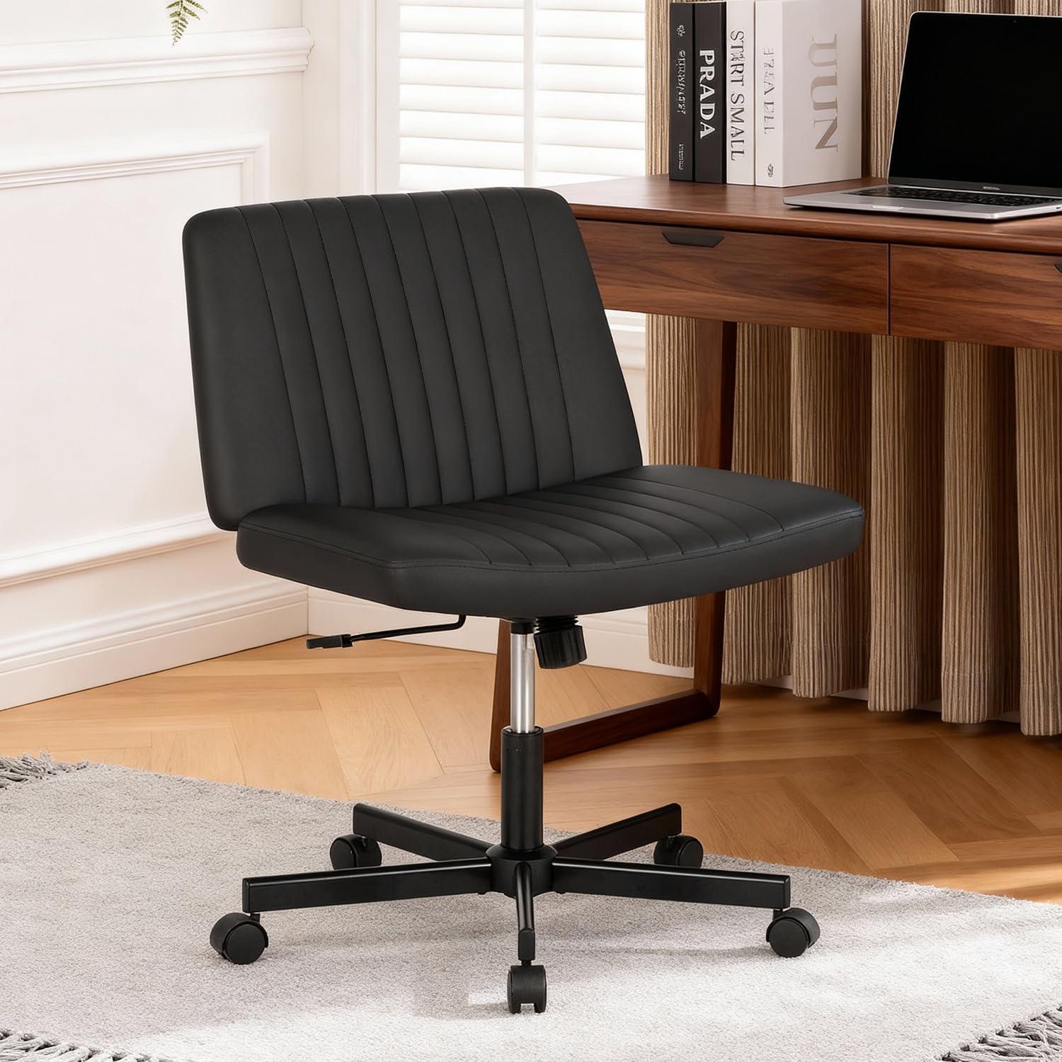 image:imageFDW Criss Cross Chair Armless Cross Legged Office Desk Chair Adjustable Swivel Ergonomic Gaming Chair No Wheels Backrest with Wide Seat Native Sponge Computer Task Vanity Chair for Home OfficeBlueBlack