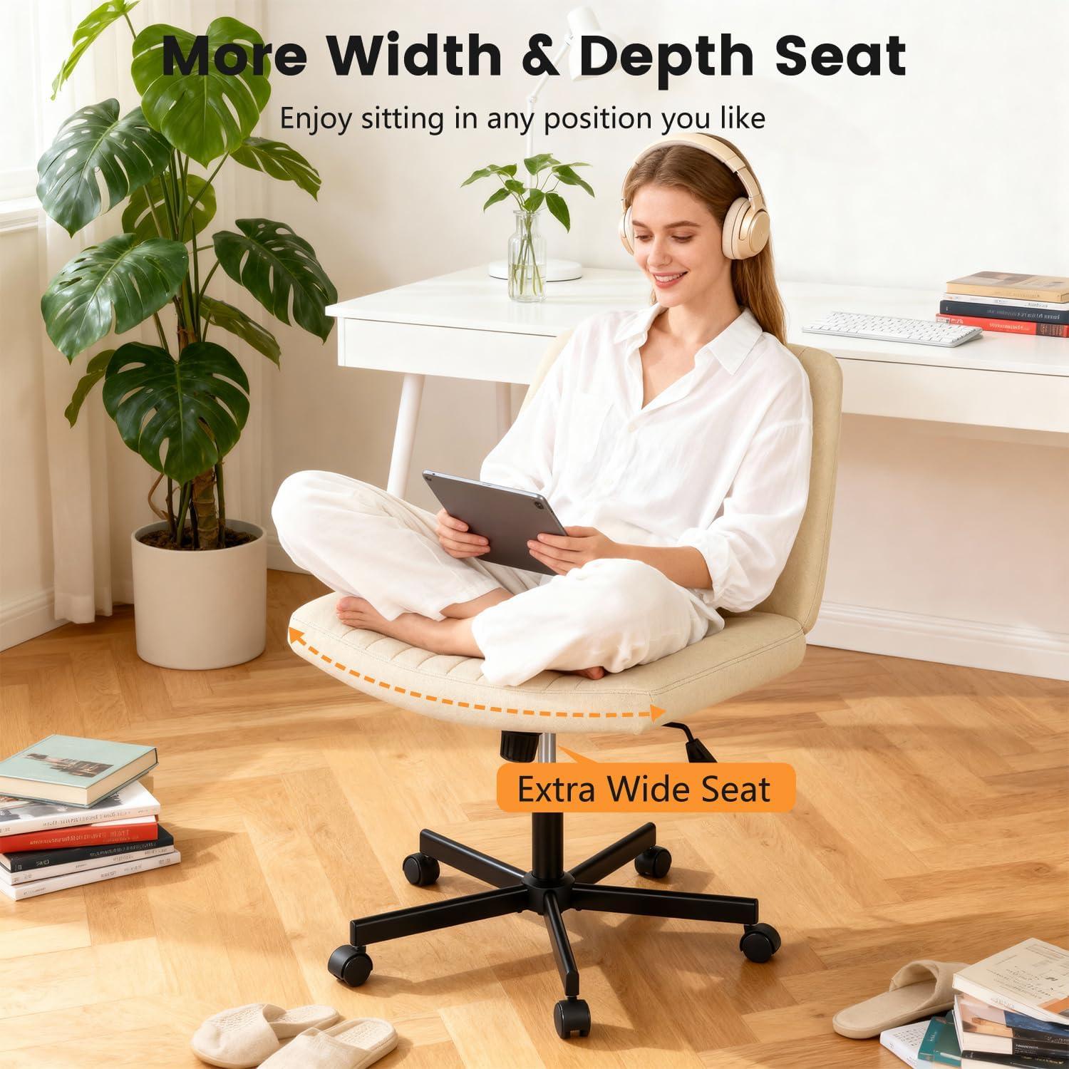 image:imageFDW Criss Cross Chair Armless Cross Legged Office Desk Chair Adjustable Swivel Ergonomic Gaming Chair No Wheels Backrest with Wide Seat Native Sponge Computer Task Vanity Chair for Home OfficeBlueBeige