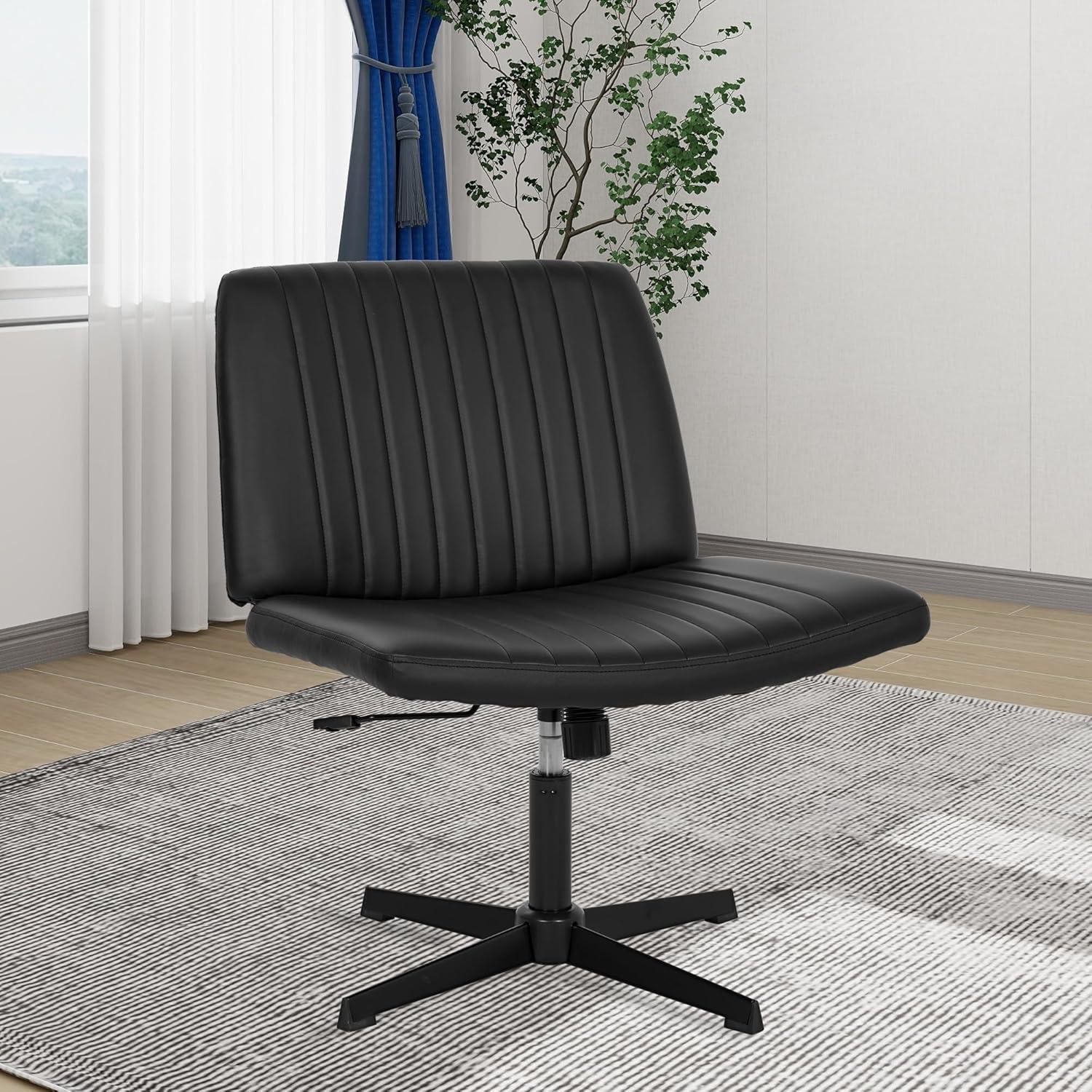 image:imageFDW Criss Cross Chair Armless Cross Legged Office Desk Chair Adjustable Swivel Ergonomic Gaming Chair No Wheels Backrest with Wide Seat Native Sponge Computer Task Vanity Chair for Home OfficeBlueBlack