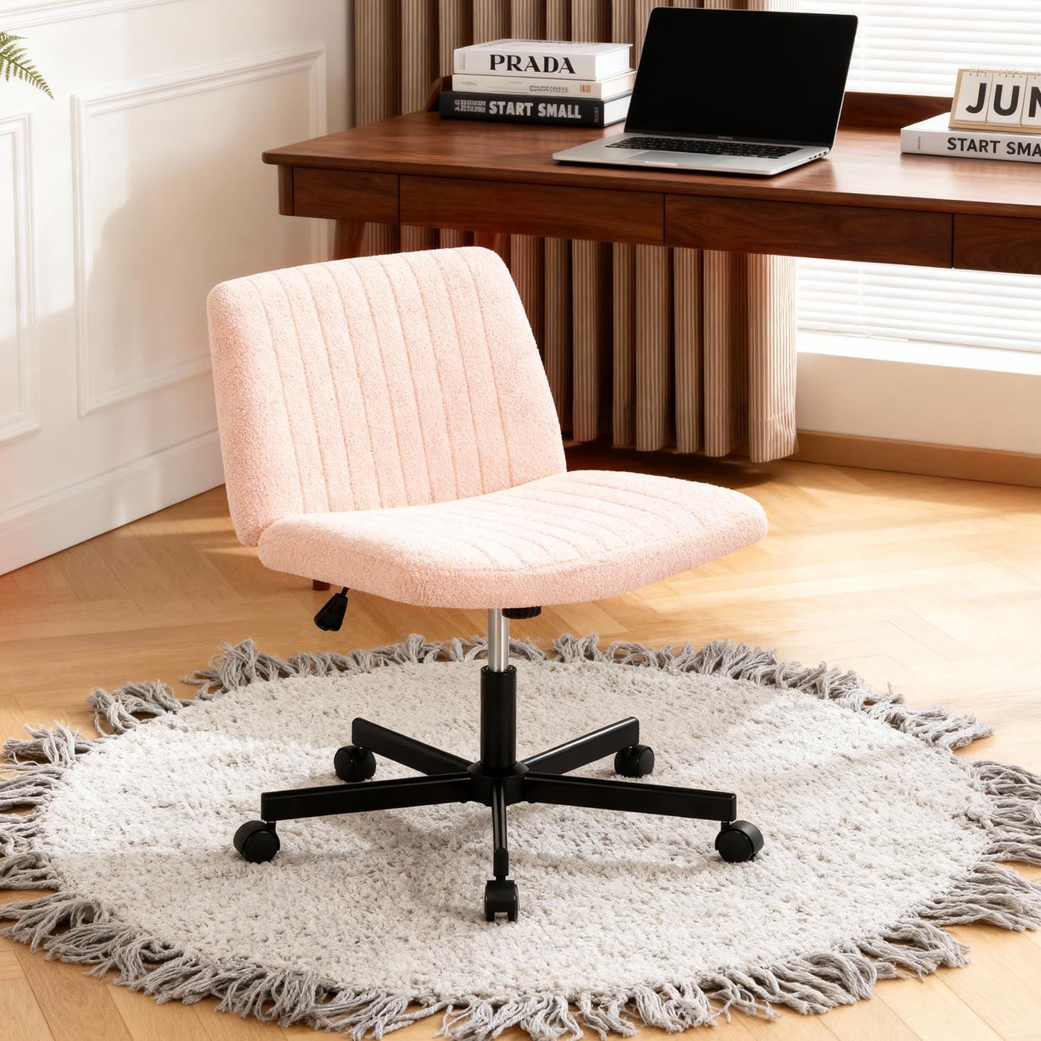 image:imageFDW Criss Cross Chair Armless Cross Legged Office Desk Chair Adjustable Swivel Ergonomic Gaming Chair No Wheels Backrest with Wide Seat Native Sponge Computer Task Vanity Chair for Home OfficeBluePink