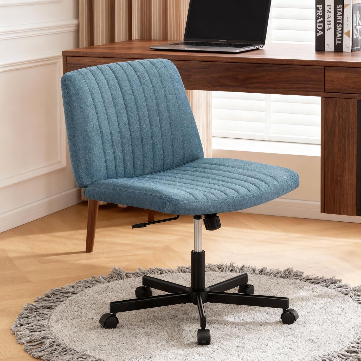 image:imageFDW Criss Cross Chair Armless Cross Legged Office Desk Chair Adjustable Swivel Ergonomic Gaming Chair No Wheels Backrest with Wide Seat Native Sponge Computer Task Vanity Chair for Home OfficeBlueBlue