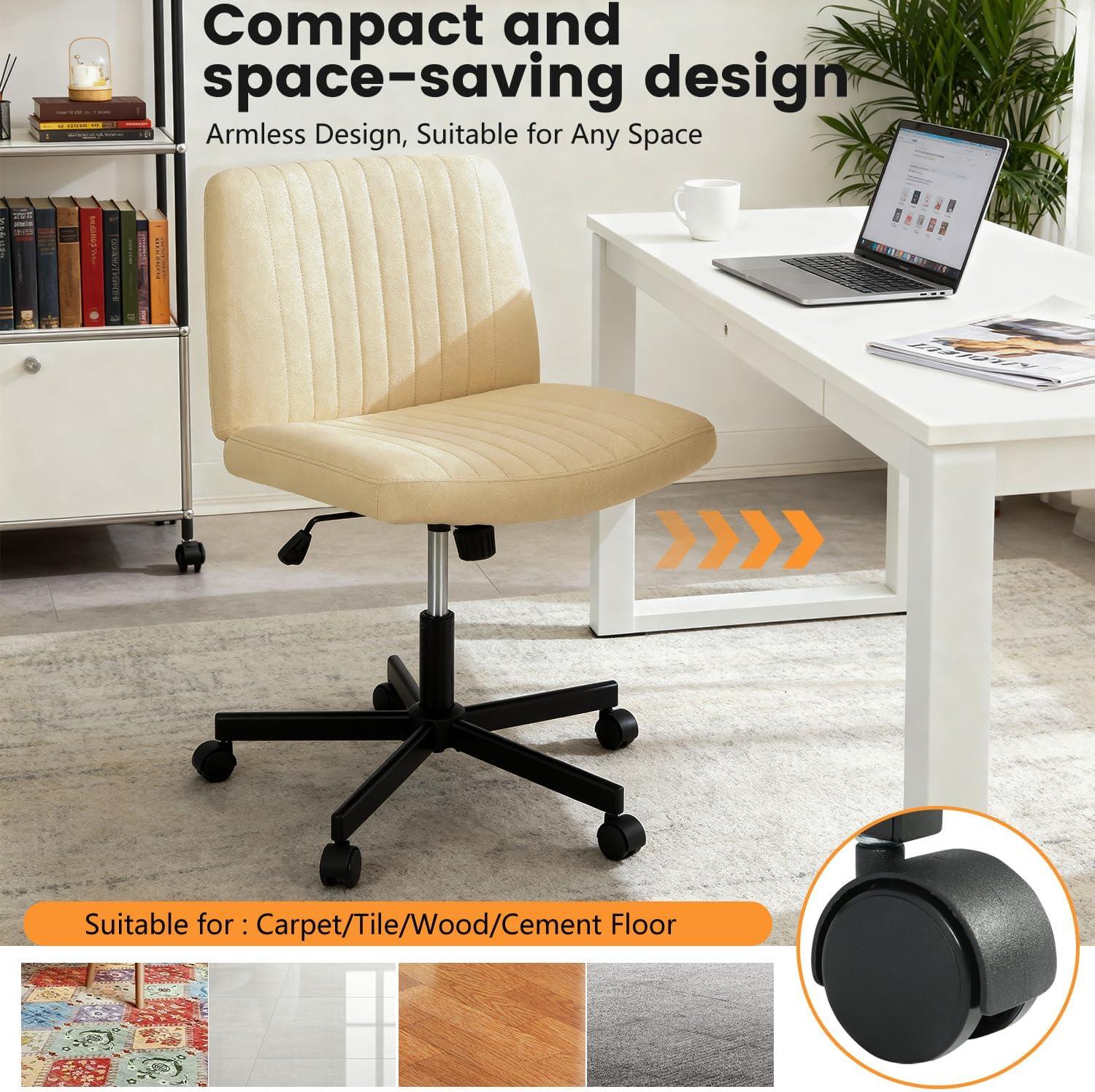 image:imageFDW Criss Cross Chair Armless Cross Legged Office Desk Chair Adjustable Swivel Ergonomic Gaming Chair No Wheels Backrest with Wide Seat Native Sponge Computer Task Vanity Chair for Home OfficeBlueBeige