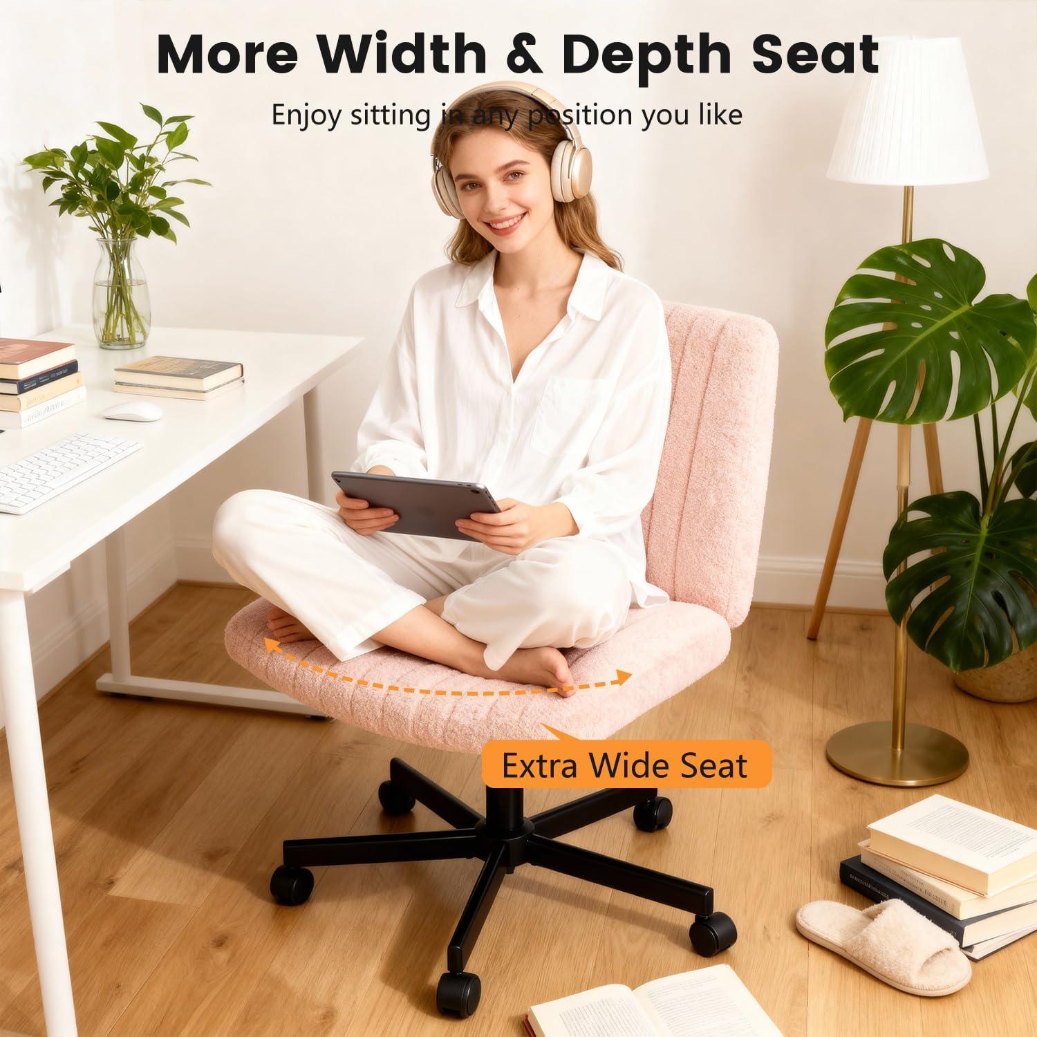 image:imageFDW Criss Cross Chair Armless Cross Legged Office Desk Chair Adjustable Swivel Ergonomic Gaming Chair No Wheels Backrest with Wide Seat Native Sponge Computer Task Vanity Chair for Home OfficeBluePink