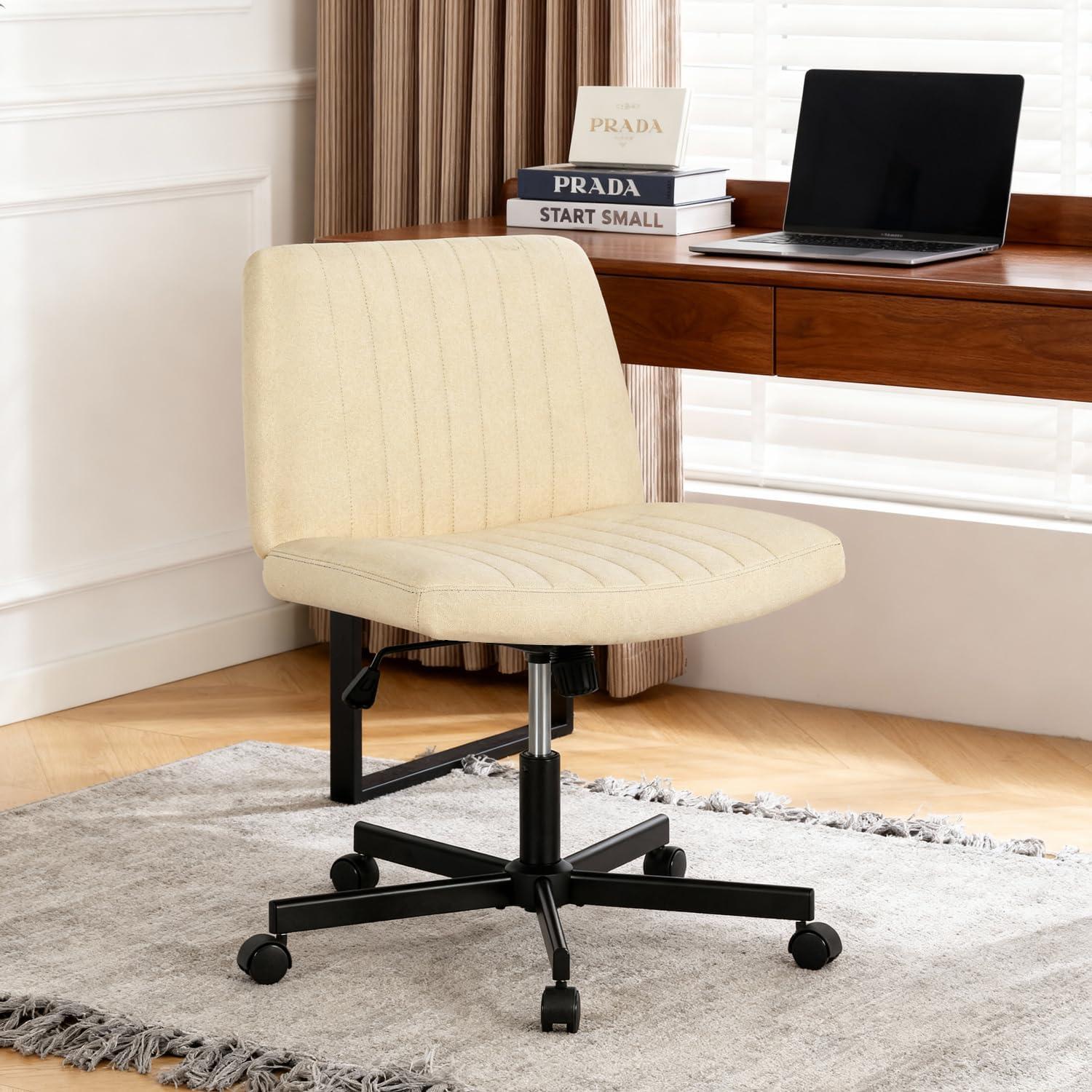 image:imageFDW Criss Cross Chair Armless Cross Legged Office Desk Chair Adjustable Swivel Ergonomic Gaming Chair No Wheels Backrest with Wide Seat Native Sponge Computer Task Vanity Chair for Home OfficeBlueBeige