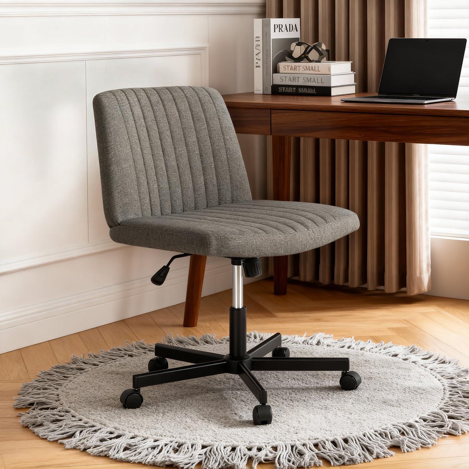image:imageFDW Criss Cross Chair Armless Cross Legged Office Desk Chair Adjustable Swivel Ergonomic Gaming Chair No Wheels Backrest with Wide Seat Native Sponge Computer Task Vanity Chair for Home OfficeBlueGrey
