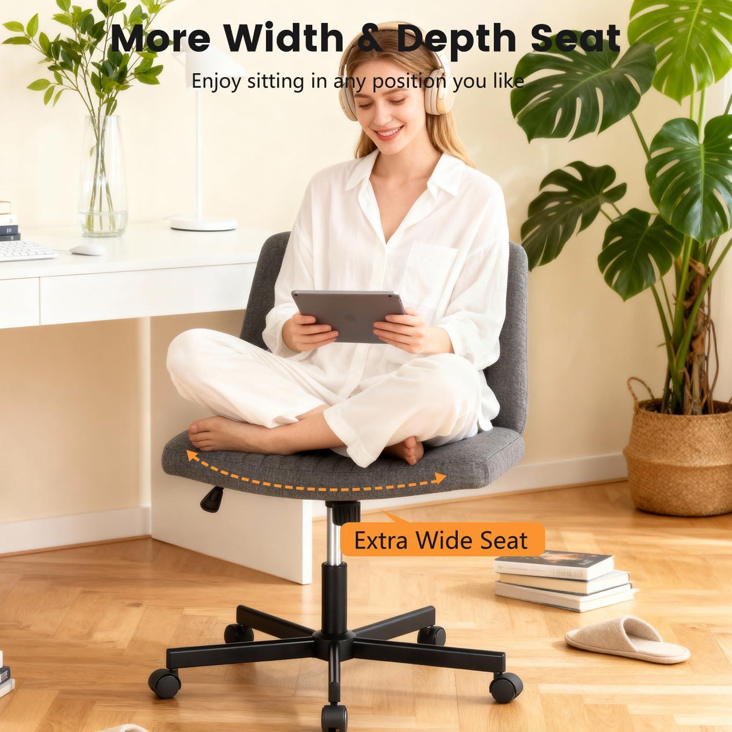 image:imageFDW Criss Cross Chair Armless Cross Legged Office Desk Chair Adjustable Swivel Ergonomic Gaming Chair No Wheels Backrest with Wide Seat Native Sponge Computer Task Vanity Chair for Home OfficeBlueGrey