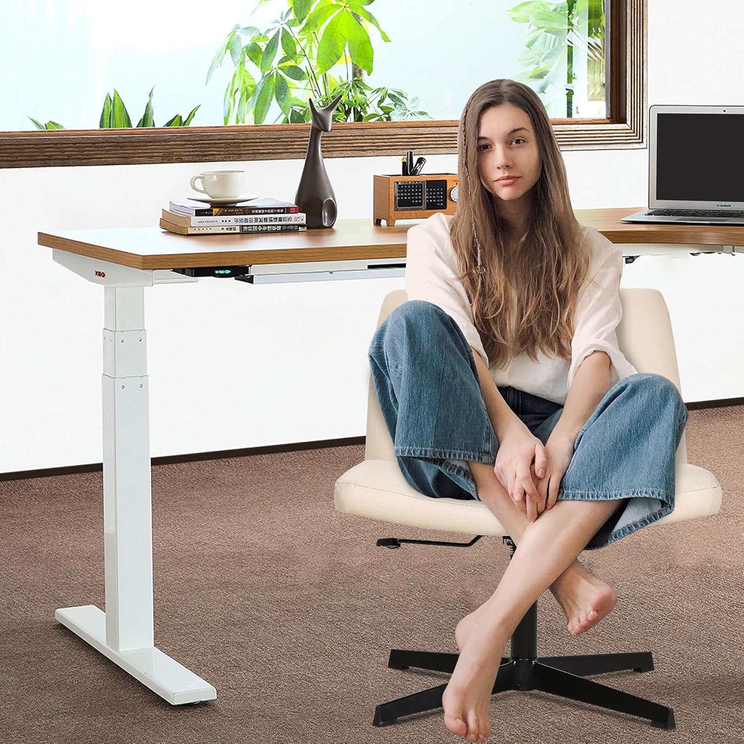 image:imageFDW Criss Cross Chair Armless Cross Legged Office Desk Chair Adjustable Swivel Ergonomic Gaming Chair No Wheels Backrest with Wide Seat Native Sponge Computer Task Vanity Chair for Home OfficeBlueBeige