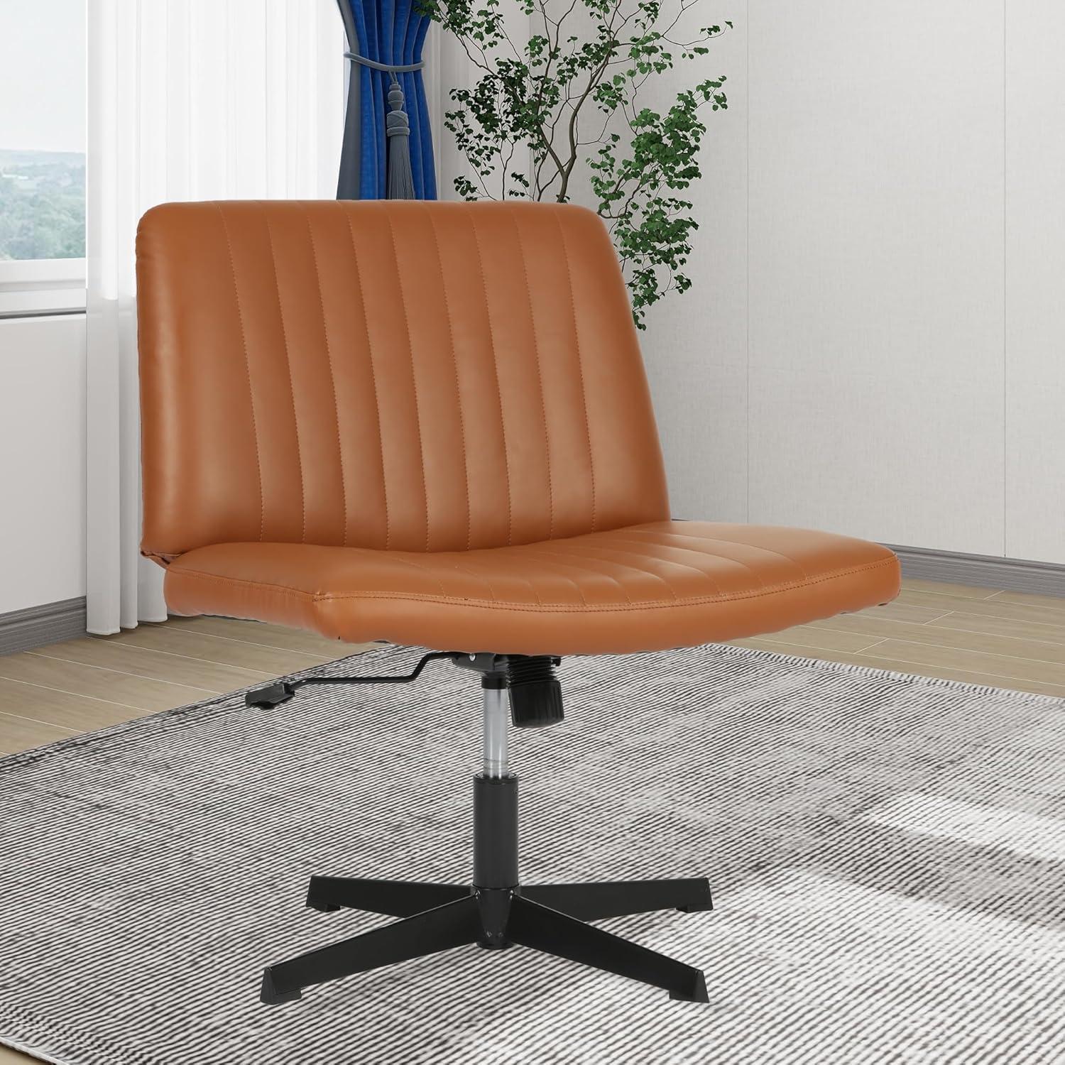 image:imageFDW Criss Cross Chair Armless Cross Legged Office Desk Chair Adjustable Swivel Ergonomic Gaming Chair No Wheels Backrest with Wide Seat Native Sponge Computer Task Vanity Chair for Home OfficeBlueBrown