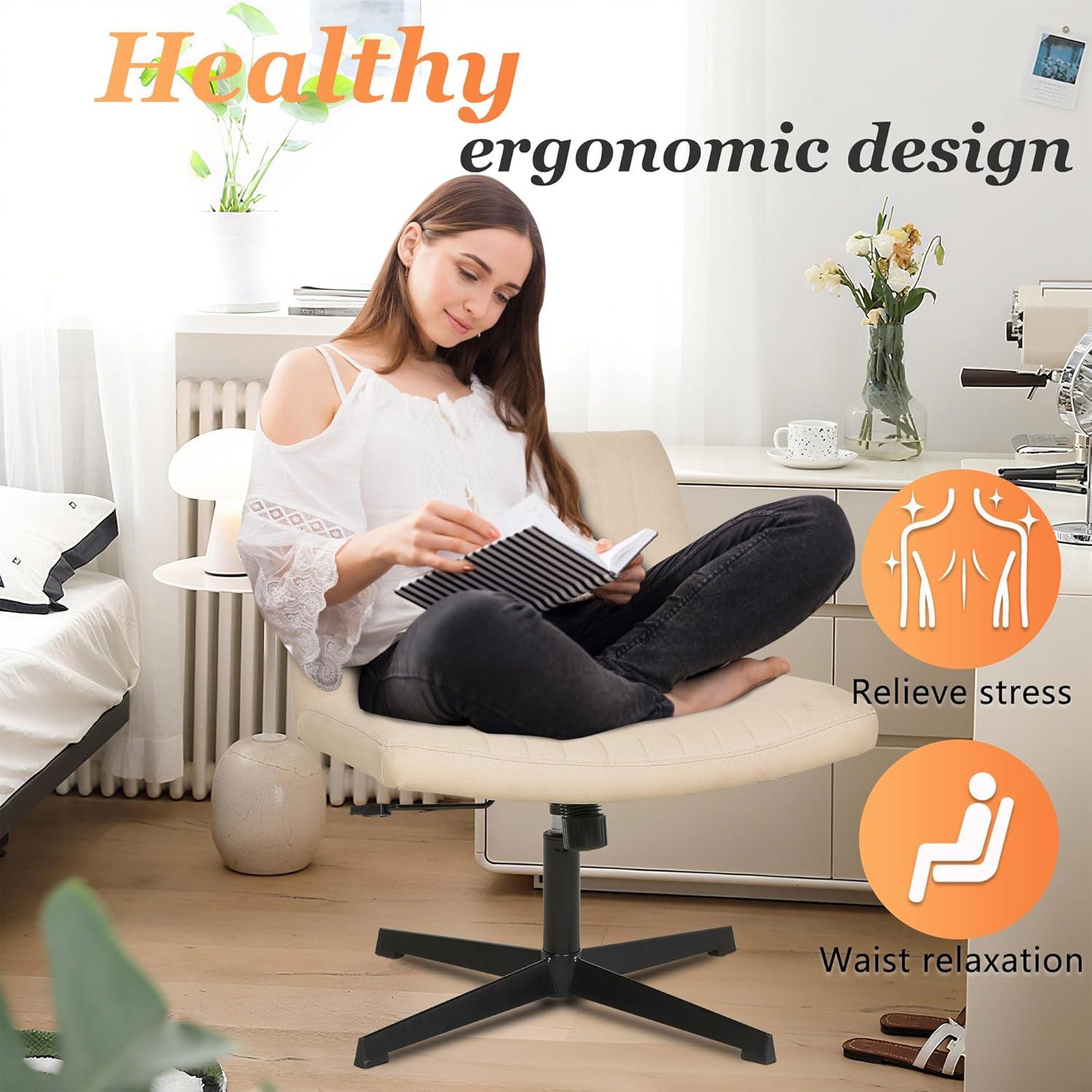 image:imageFDW Criss Cross Chair Armless Cross Legged Office Desk Chair Adjustable Swivel Ergonomic Gaming Chair No Wheels Backrest with Wide Seat Native Sponge Computer Task Vanity Chair for Home OfficeBlueCream