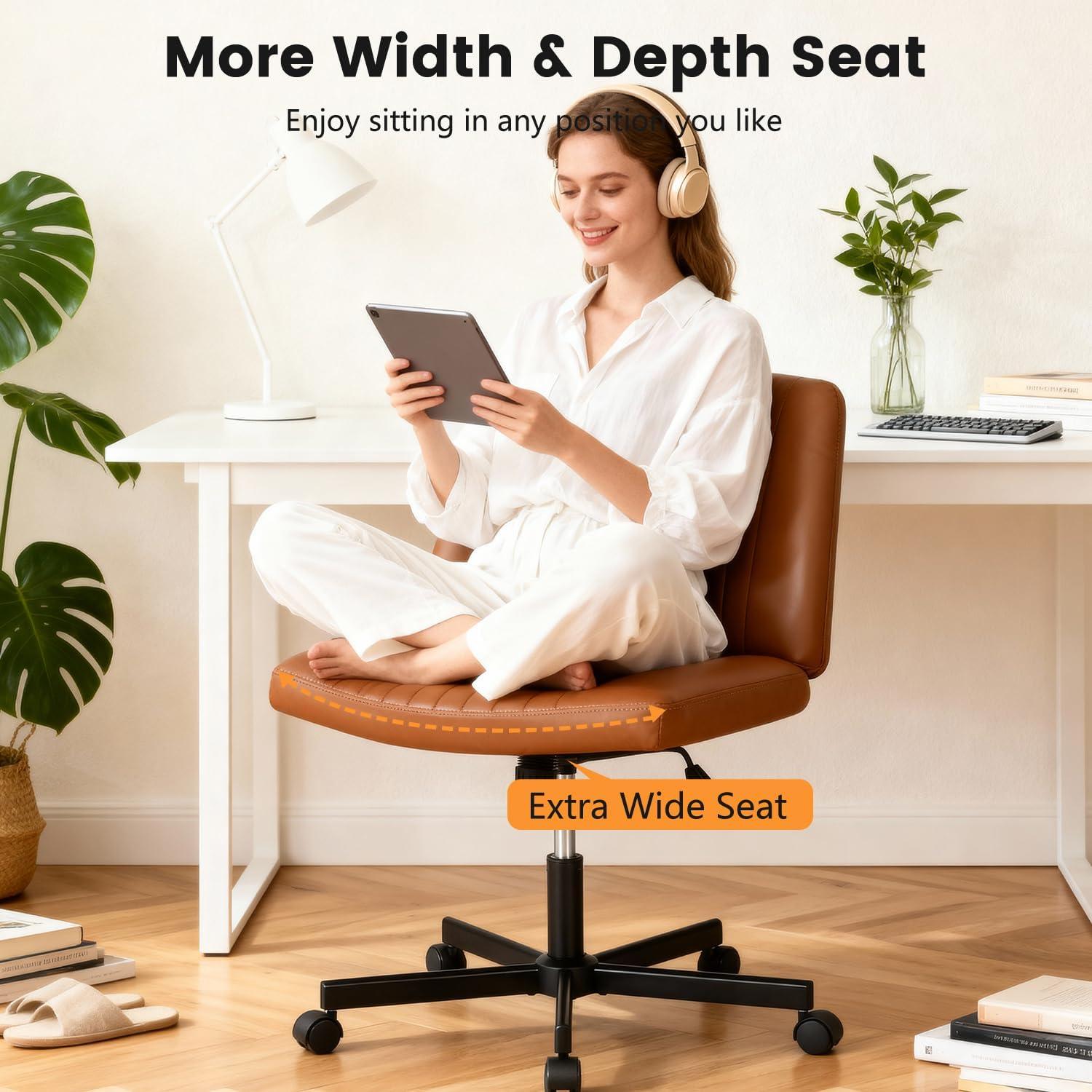 image:imageFDW Criss Cross Chair Armless Cross Legged Office Desk Chair Adjustable Swivel Ergonomic Gaming Chair No Wheels Backrest with Wide Seat Native Sponge Computer Task Vanity Chair for Home OfficeBlueBrown