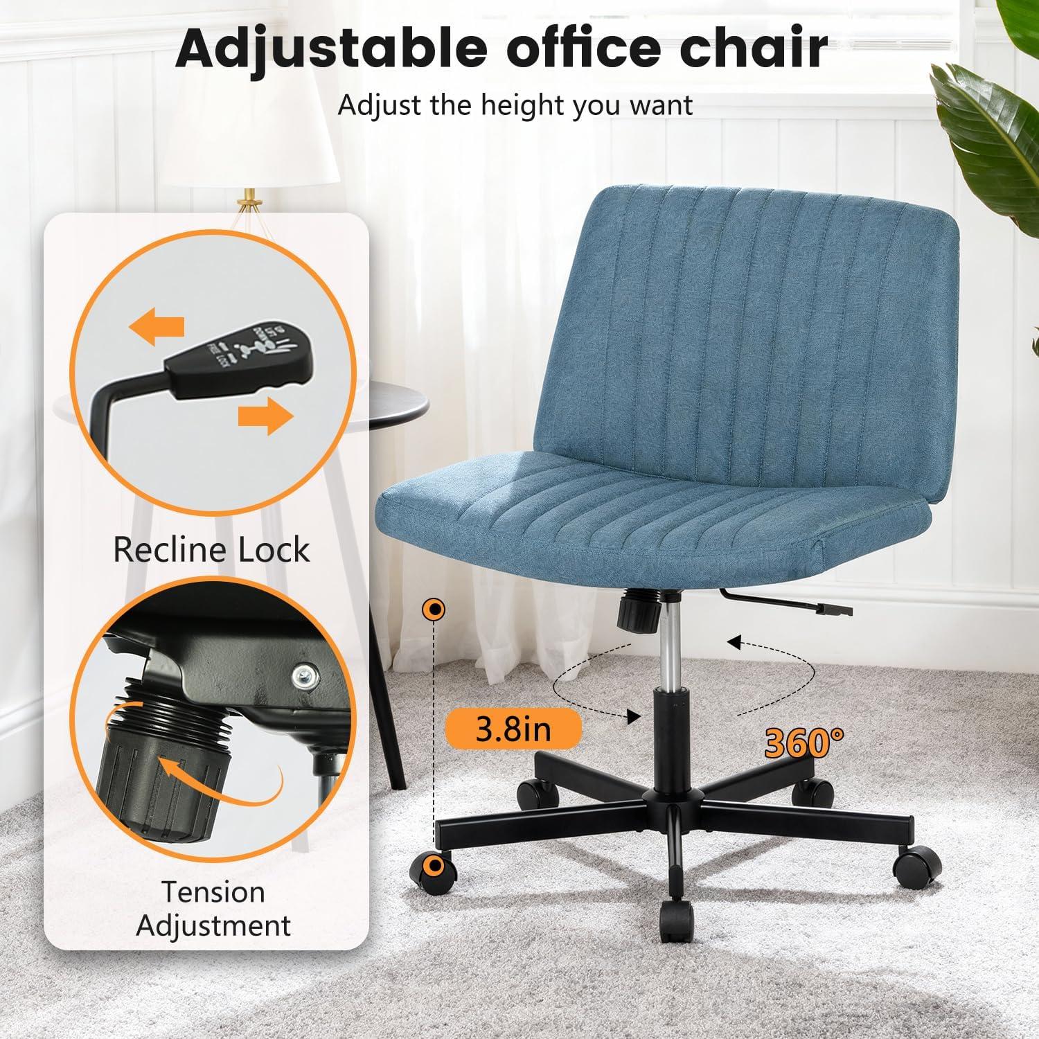image:imageFDW Criss Cross Chair Armless Cross Legged Office Desk Chair Adjustable Swivel Ergonomic Gaming Chair No Wheels Backrest with Wide Seat Native Sponge Computer Task Vanity Chair for Home OfficeBlueBlue