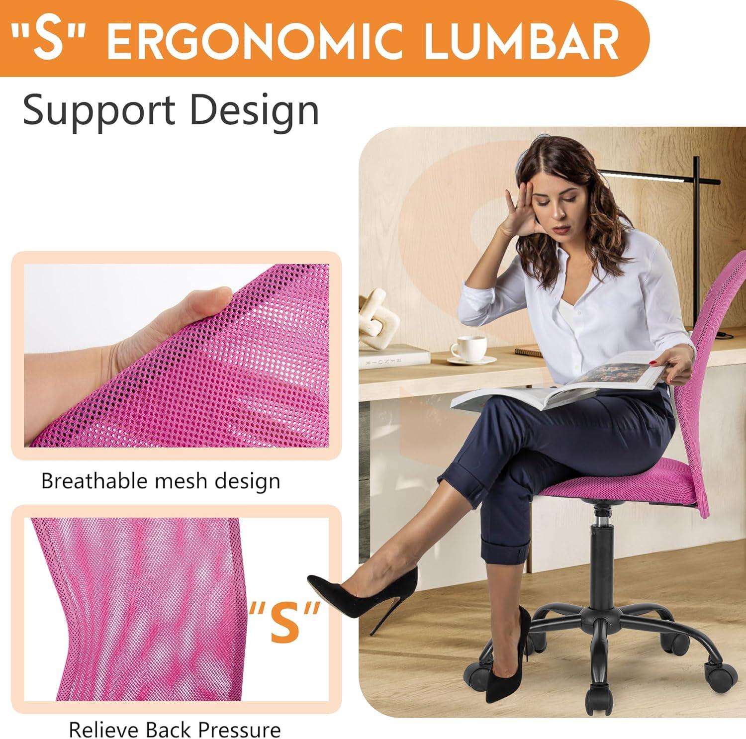 image:imageFDW Home Office Chair Mid Back Mesh Desk Chair Armless Computer Ergonomic Task Rolling Swivel Chair Back Support Adjustable Modern with Lumbar SupportBluePink