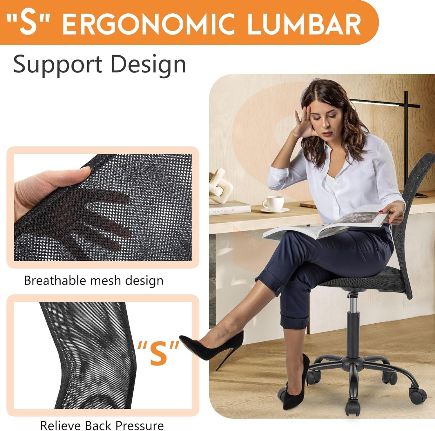 image:imageFDW Home Office Chair Mid Back Mesh Desk Chair Armless Computer Ergonomic Task Rolling Swivel Chair Back Support Adjustable Modern with Lumbar SupportBlueBlack