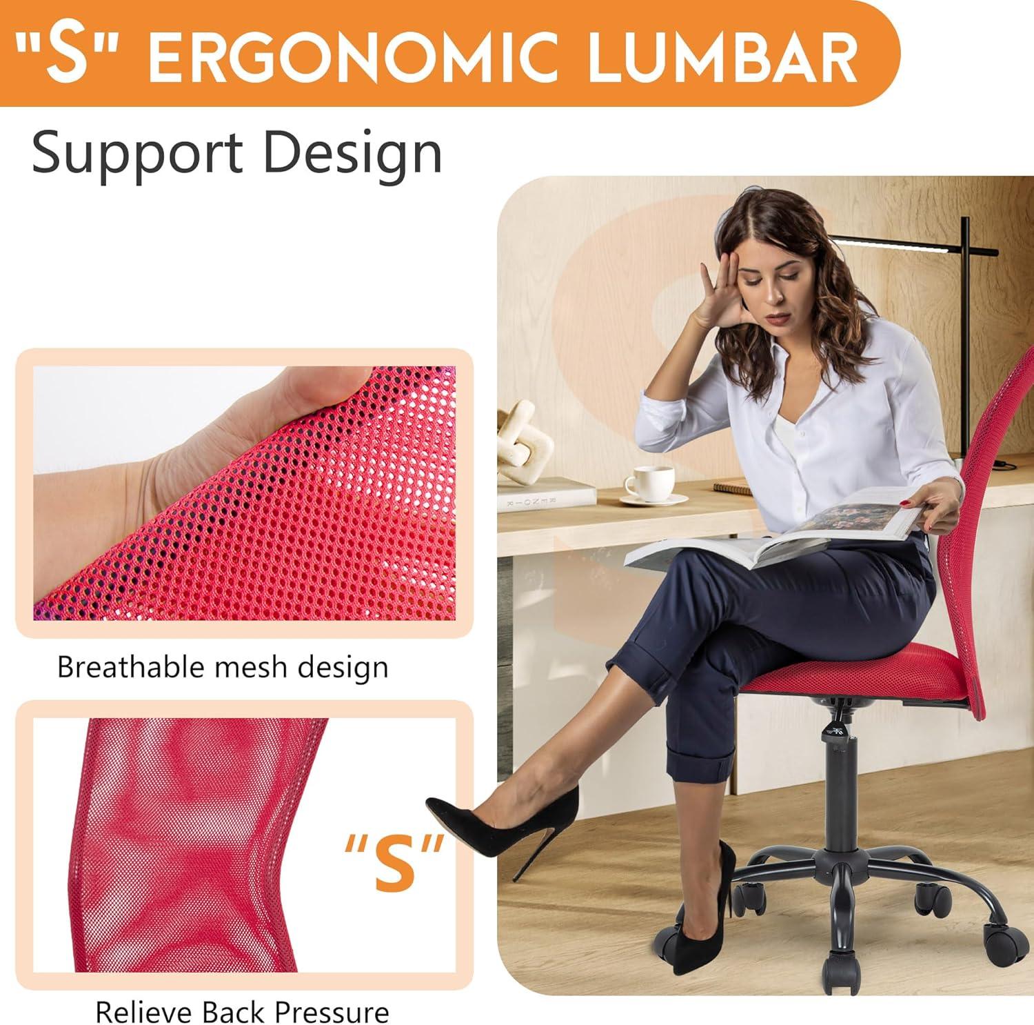 image:imageFDW Home Office Chair Mid Back Mesh Desk Chair Armless Computer Ergonomic Task Rolling Swivel Chair Back Support Adjustable Modern with Lumbar SupportBlueRed