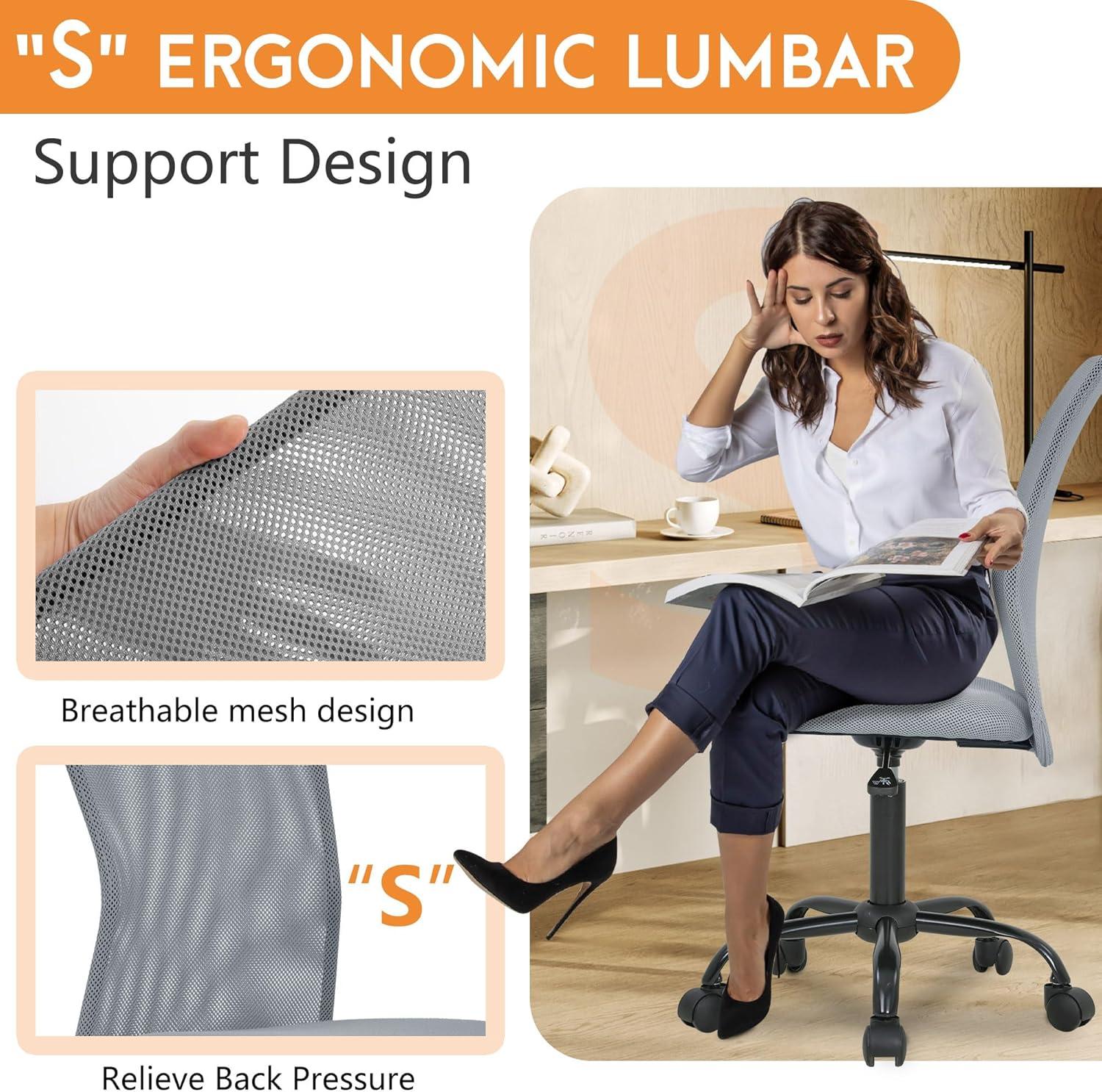 image:imageFDW Home Office Chair Mid Back Mesh Desk Chair Armless Computer Ergonomic Task Rolling Swivel Chair Back Support Adjustable Modern with Lumbar SupportBlueGrey