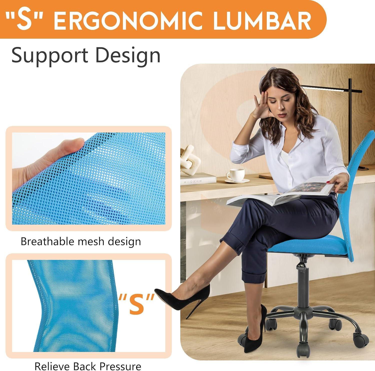 image:imageFDW Home Office Chair Mid Back Mesh Desk Chair Armless Computer Ergonomic Task Rolling Swivel Chair Back Support Adjustable Modern with Lumbar SupportBlueBlue