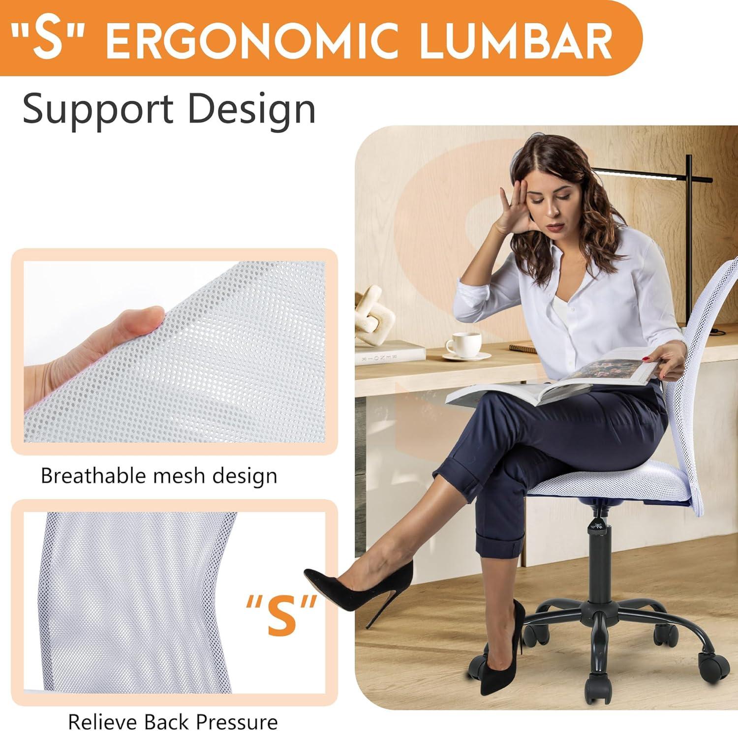 image:imageFDW Home Office Chair Mid Back Mesh Desk Chair Armless Computer Ergonomic Task Rolling Swivel Chair Back Support Adjustable Modern with Lumbar SupportBlueWhite