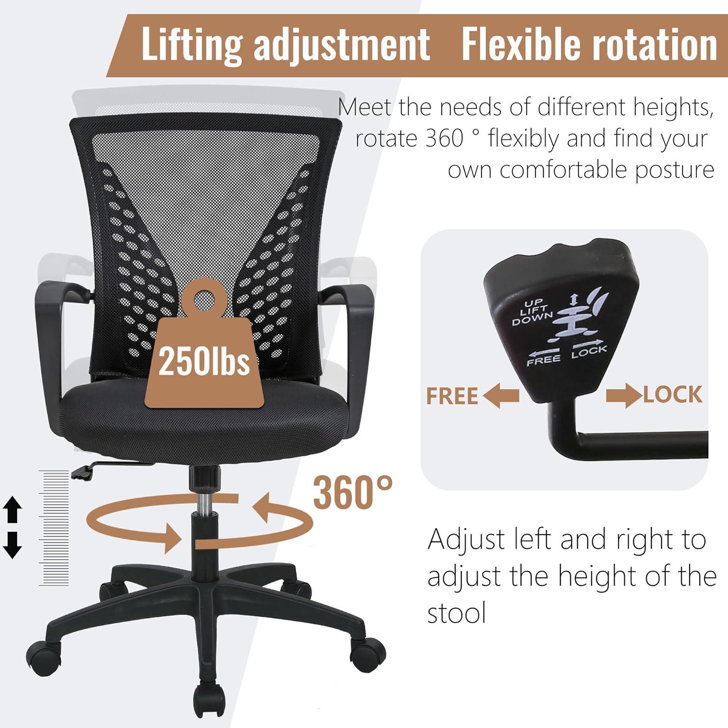 image:imageFDW Home Office Chair Mid Back PC Swivel Lumbar Support Adjustable Desk Task Computer Ergonomic Comfortable Mesh Chair with Armrest BlackBlack