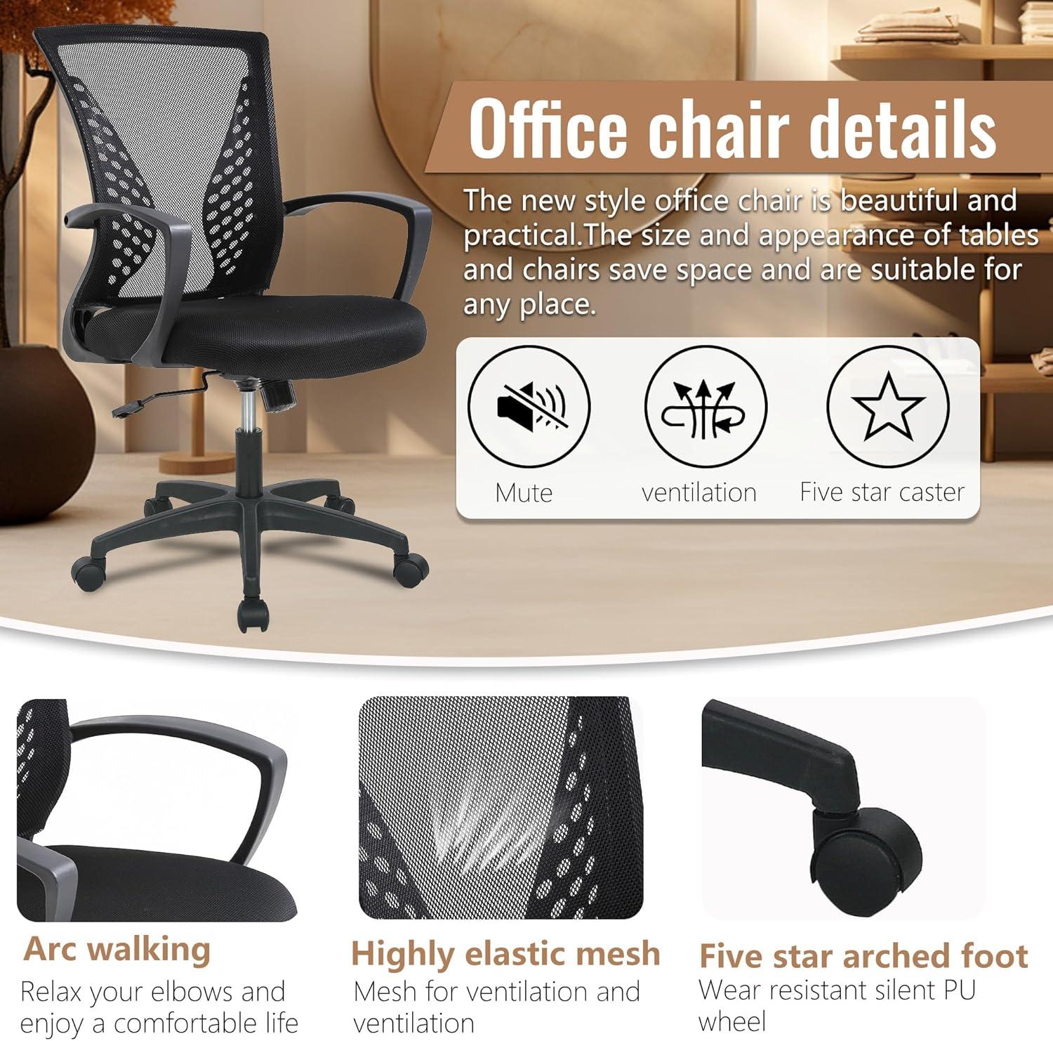 image:imageFDW Home Office Chair Mid Back PC Swivel Lumbar Support Adjustable Desk Task Computer Ergonomic Comfortable Mesh Chair with Armrest BlackBlack