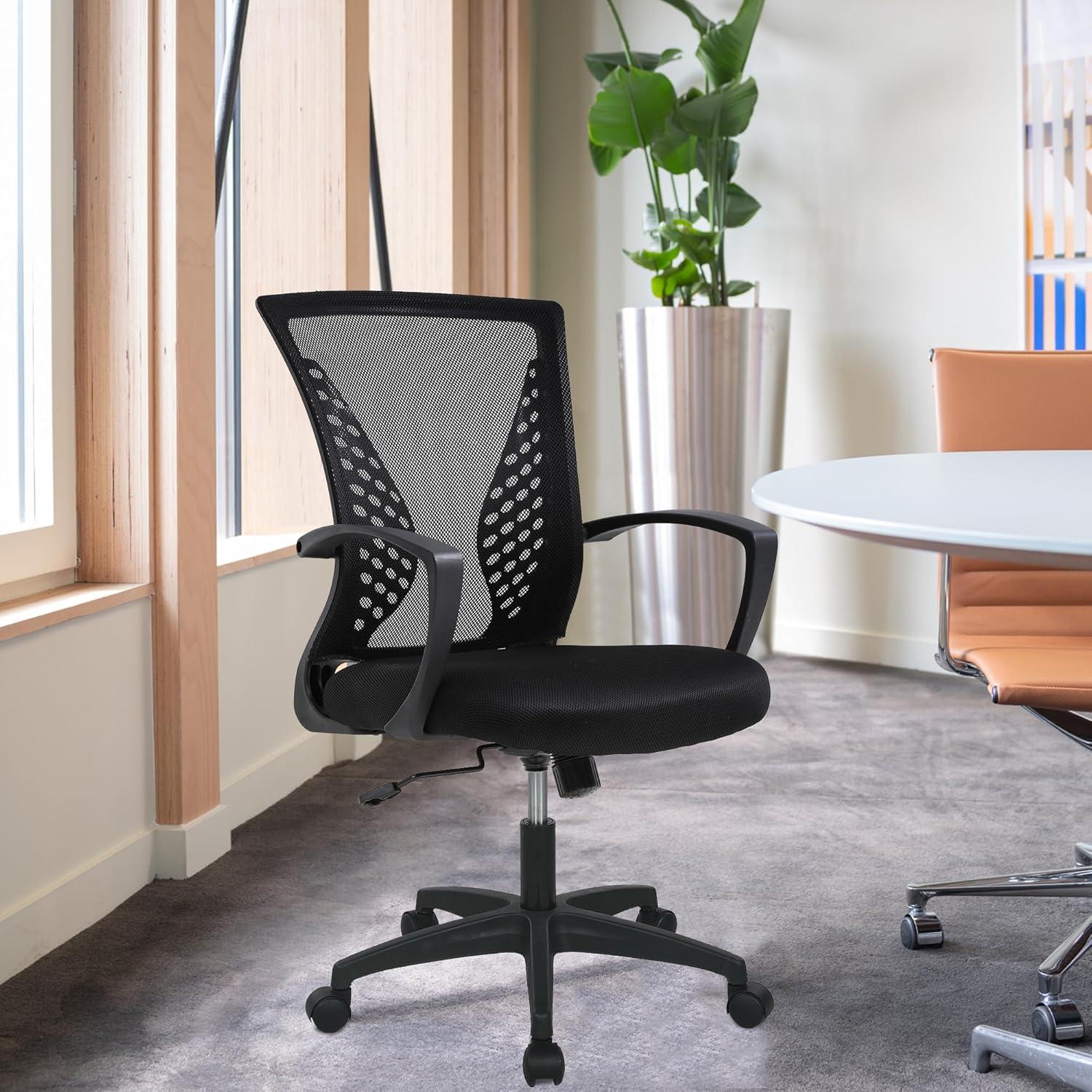 image:imageFDW Home Office Chair Mid Back PC Swivel Lumbar Support Adjustable Desk Task Computer Ergonomic Comfortable Mesh Chair with Armrest BlackBlack