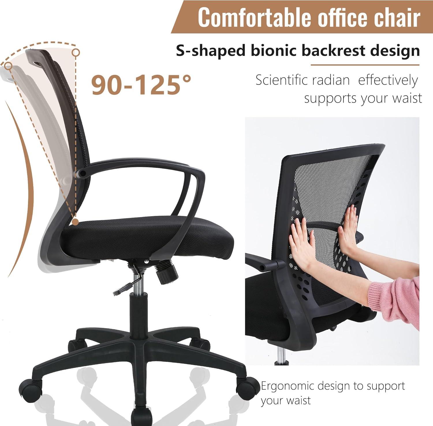 image:imageFDW Home Office Chair Mid Back PC Swivel Lumbar Support Adjustable Desk Task Computer Ergonomic Comfortable Mesh Chair with Armrest BlackBlack