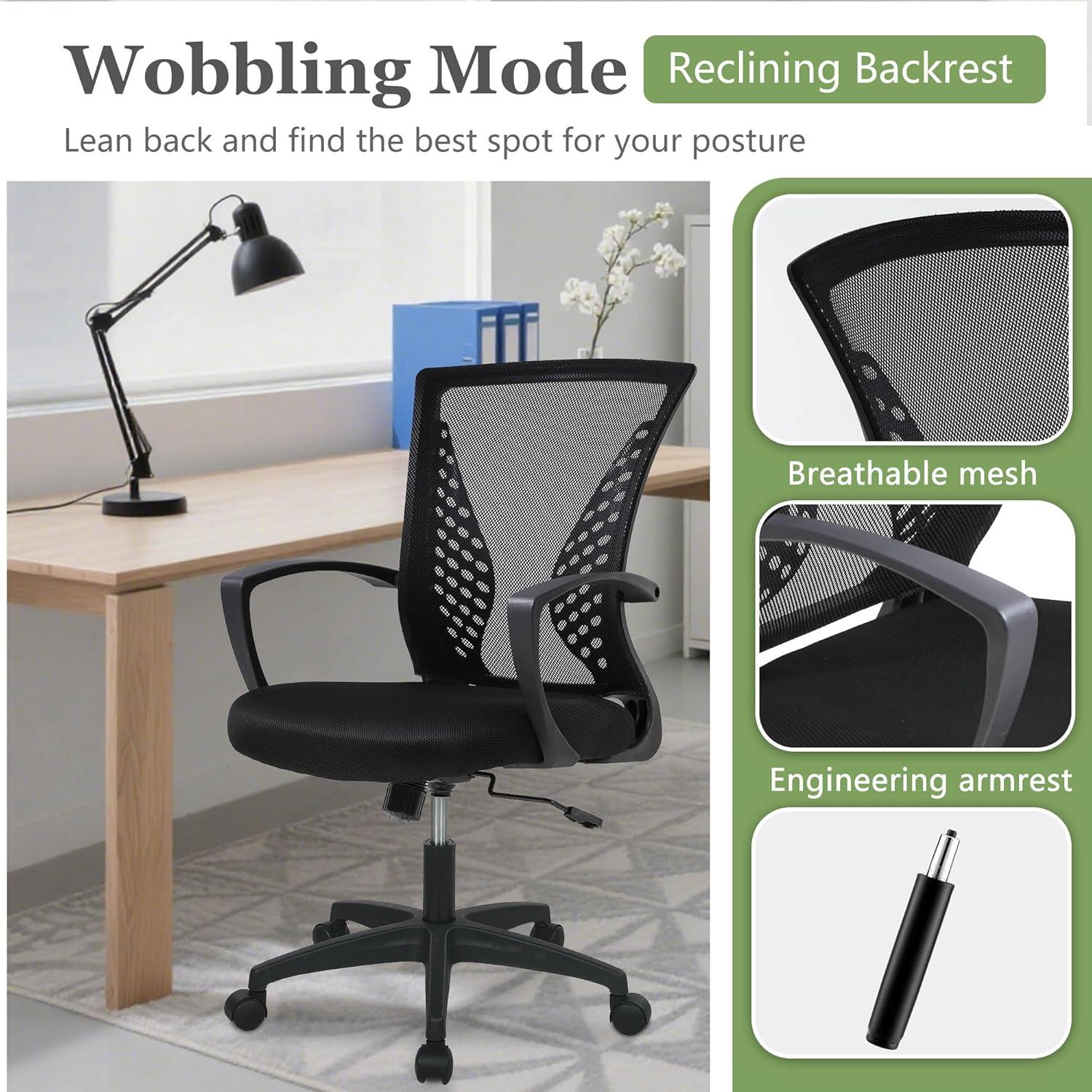 image:imageFDW Home Office Chair Mid Back PC Swivel Lumbar Support Adjustable Desk Task Computer Ergonomic Comfortable Mesh Chair with Armrest BlackDark Black