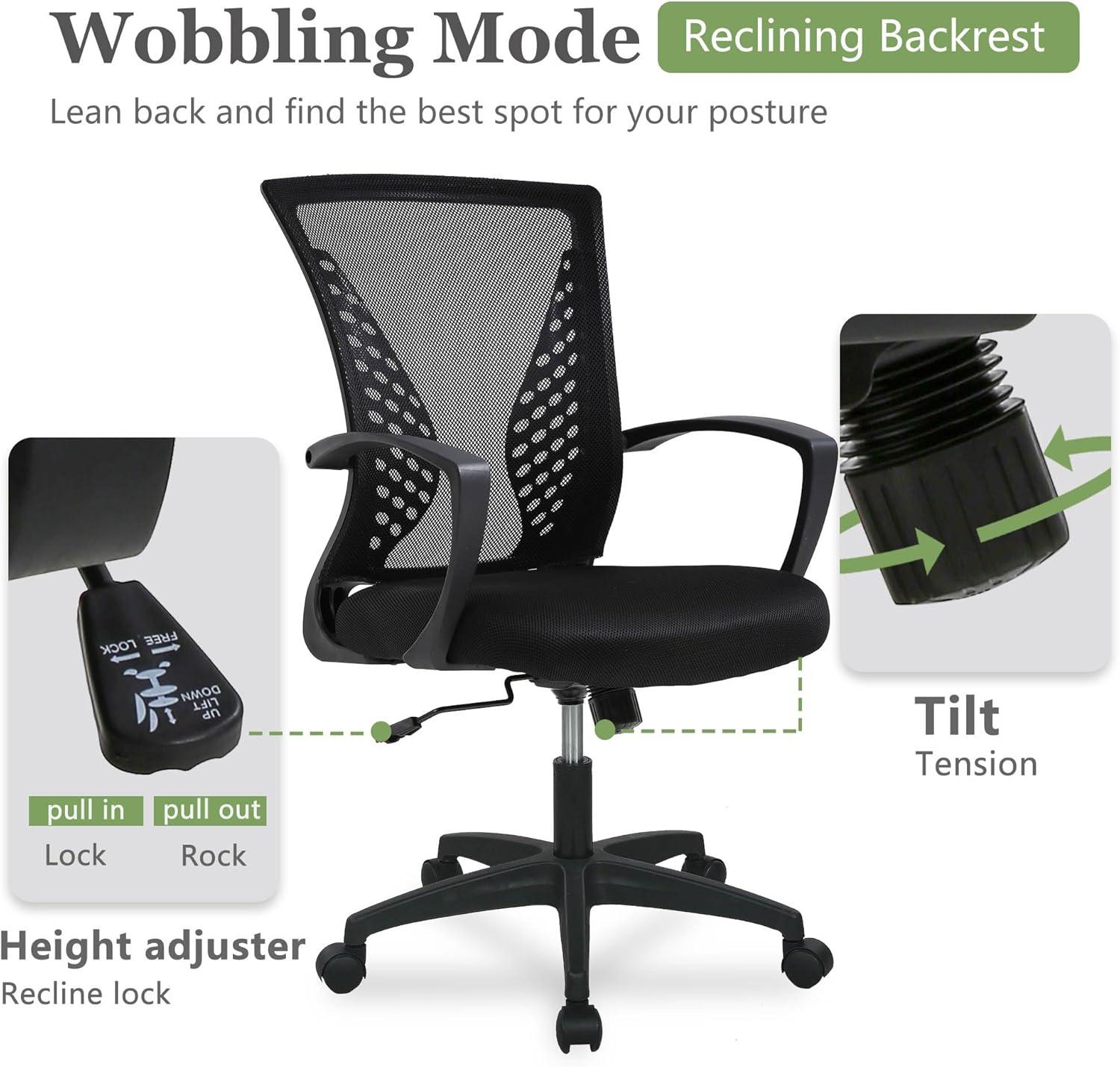 image:imageFDW Home Office Chair Mid Back PC Swivel Lumbar Support Adjustable Desk Task Computer Ergonomic Comfortable Mesh Chair with Armrest BlackDark Black