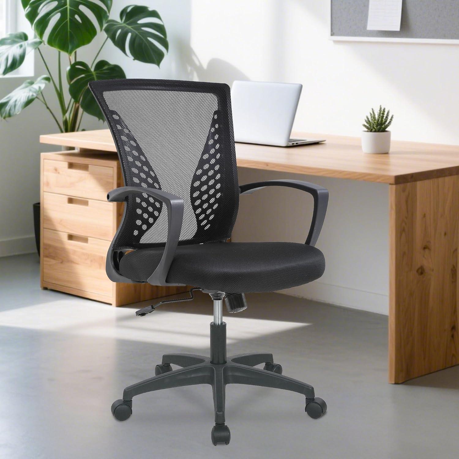 image:imageFDW Home Office Chair Mid Back PC Swivel Lumbar Support Adjustable Desk Task Computer Ergonomic Comfortable Mesh Chair with Armrest BlackDark Black