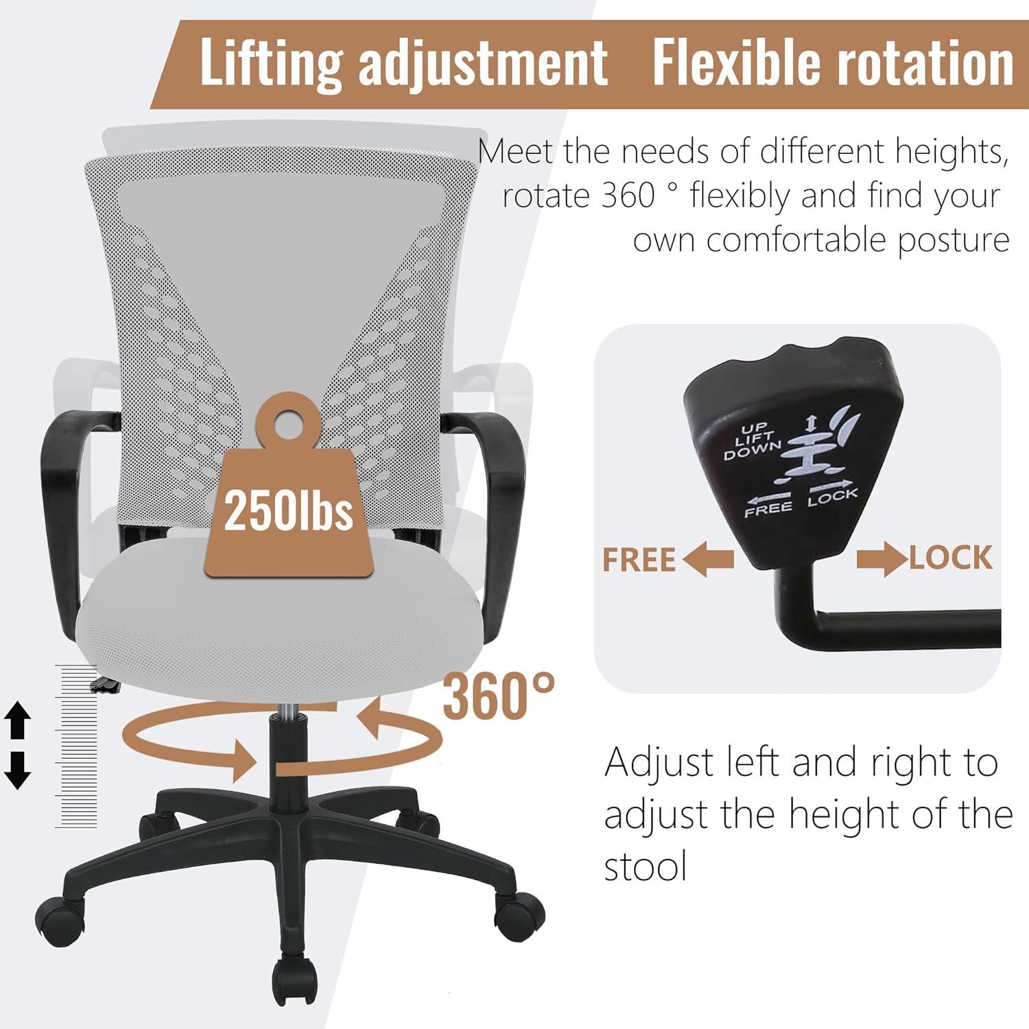 image:imageFDW Home Office Chair Mid Back PC Swivel Lumbar Support Adjustable Desk Task Computer Ergonomic Comfortable Mesh Chair with Armrest BlackGrey