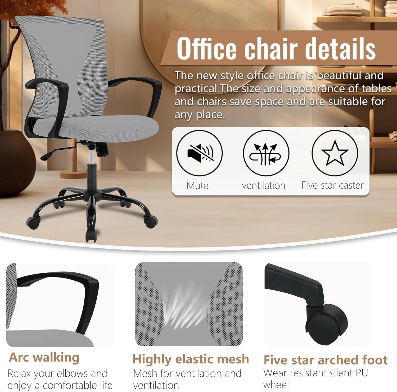 image:imageFDW Home Office Chair Mid Back PC Swivel Lumbar Support Adjustable Desk Task Computer Ergonomic Comfortable Mesh Chair with Armrest BlackGrey
