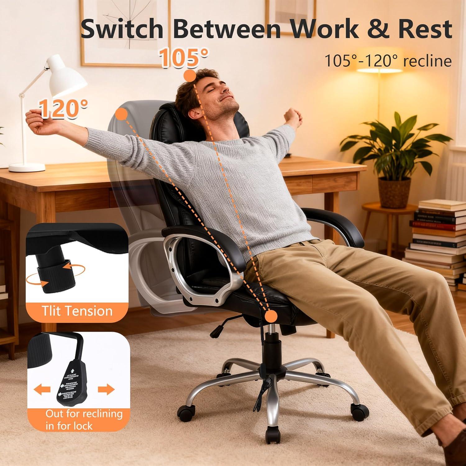 image:imageFDW Office Chair Computer High Back Adjustable Ergonomic Desk Chair Executive PU Leather Swivel Task Chair with Armrests Lumbar Support BlackDark Black
