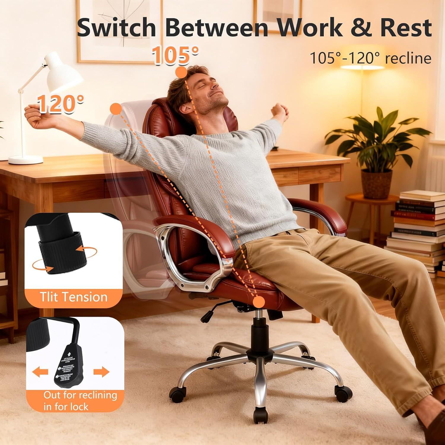 image:imageFDW Office Chair Computer High Back Adjustable Ergonomic Desk Chair Executive PU Leather Swivel Task Chair with Armrests Lumbar Support BlackDark Brown