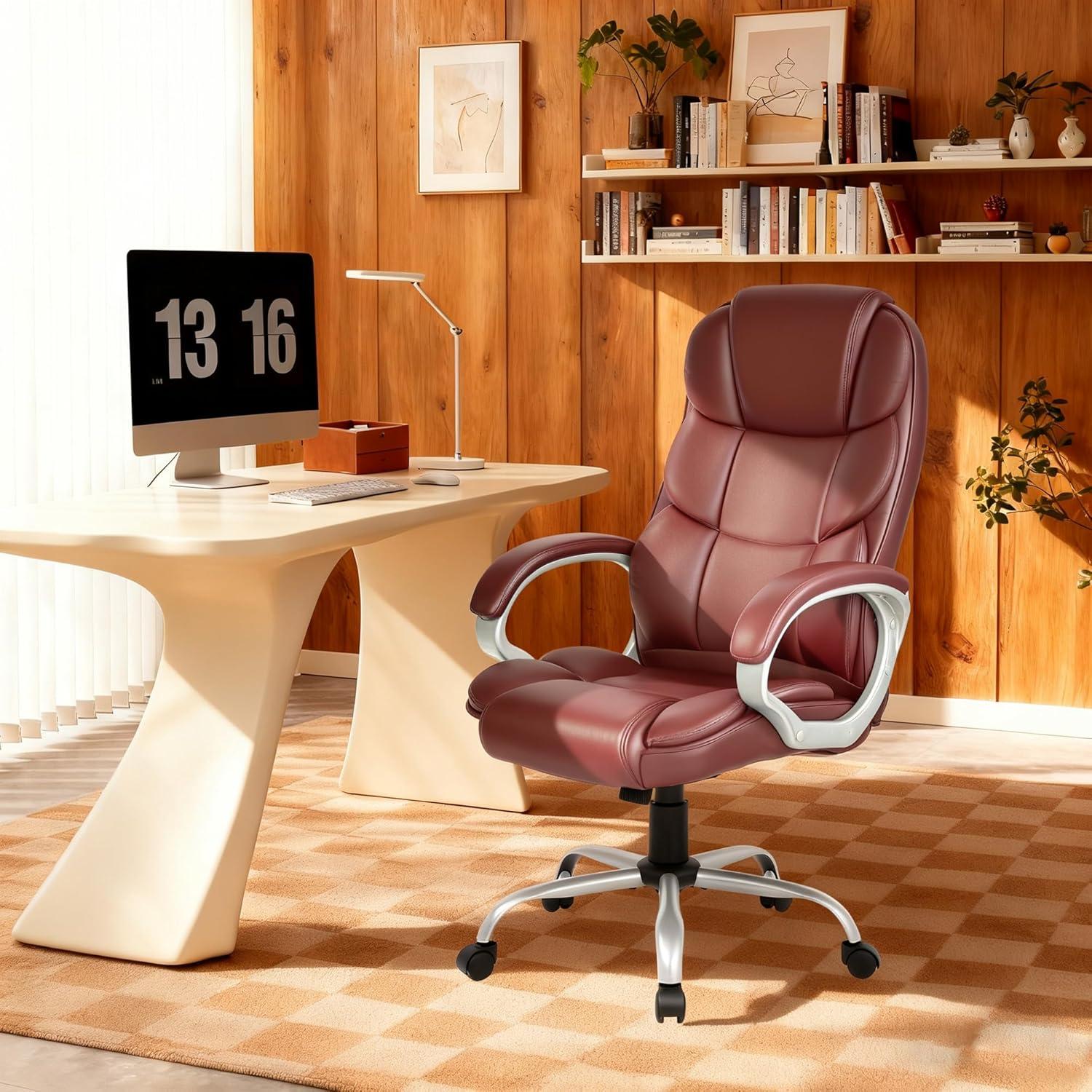 image:imageFDW Office Chair Computer High Back Adjustable Ergonomic Desk Chair Executive PU Leather Swivel Task Chair with Armrests Lumbar Support BlackDark Brown