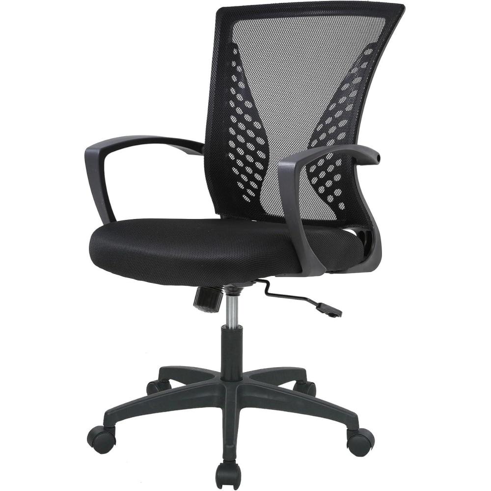 image:imageFDW Home Office Chair Mid Back PC Swivel Lumbar Support Adjustable Desk Task Computer Ergonomic Comfortable Mesh Chair with Armrest BlackDark Black