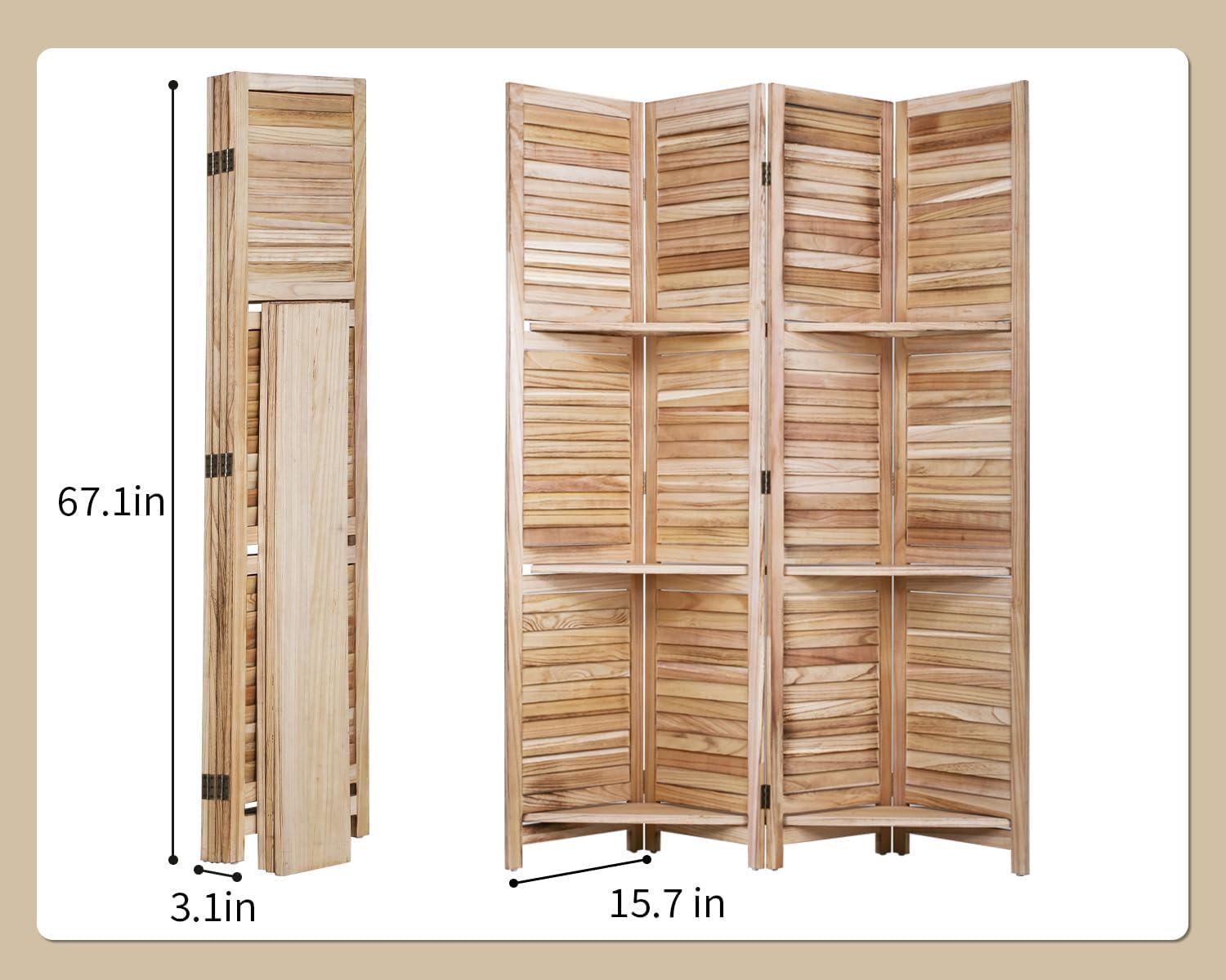 image:image4 Panel Room Divider Folding Privacy Wooden Screen with Three Clever Shelf Portable Partition Screen Screen Wood for Home OfficeNatural